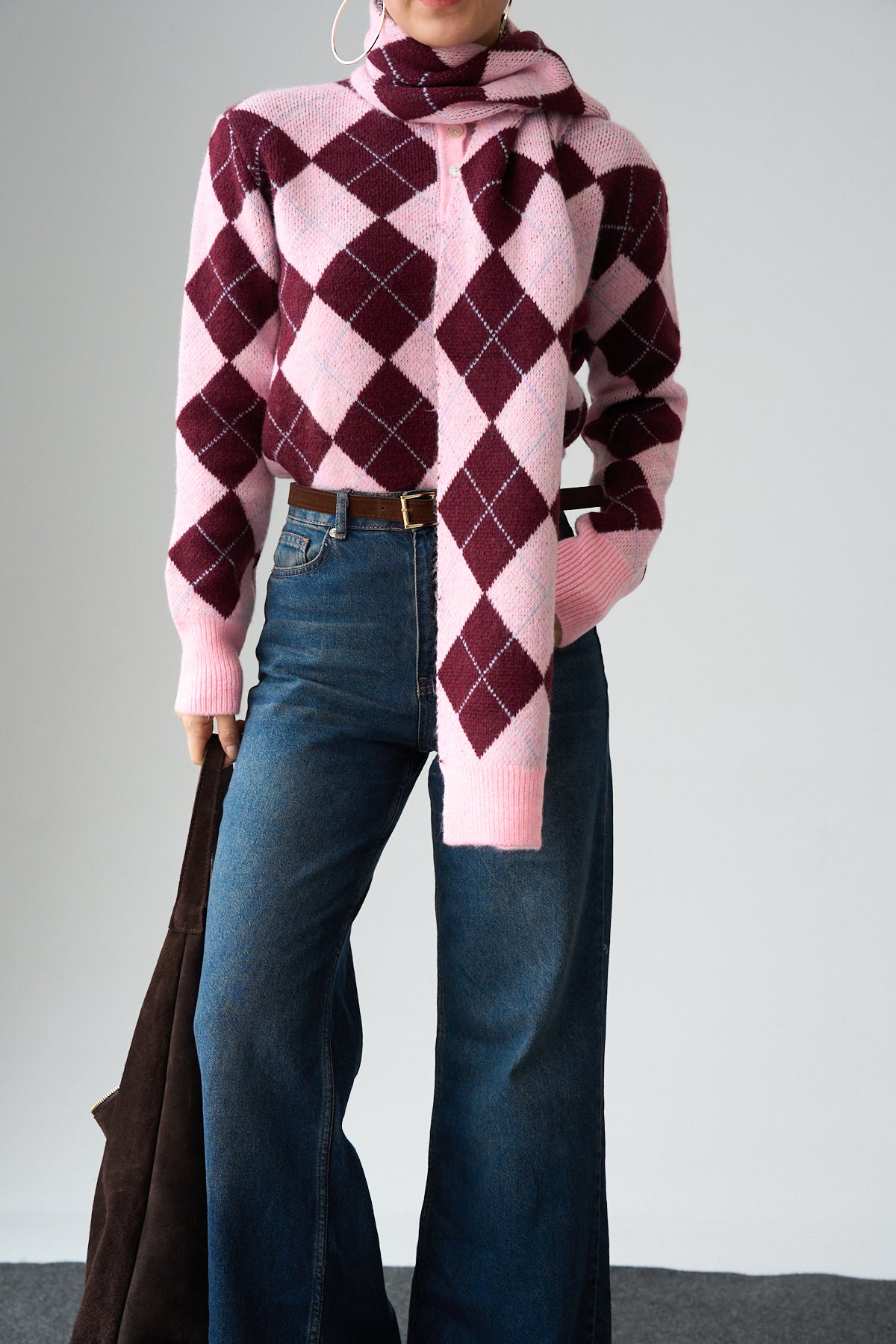 Kadın Baklava Desenli Atkı Detaylı Kazak