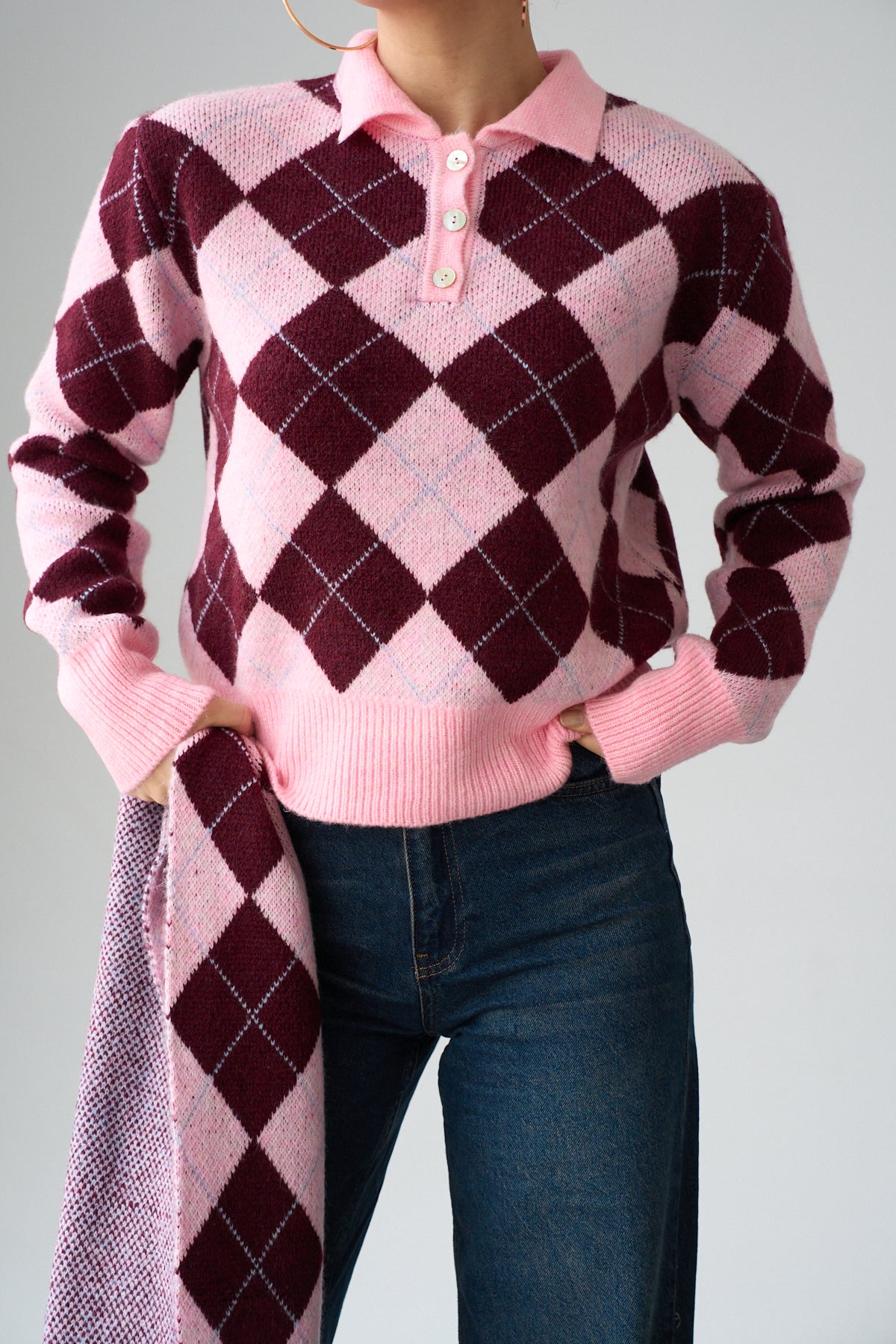 Kadın Baklava Desenli Atkı Detaylı Kazak