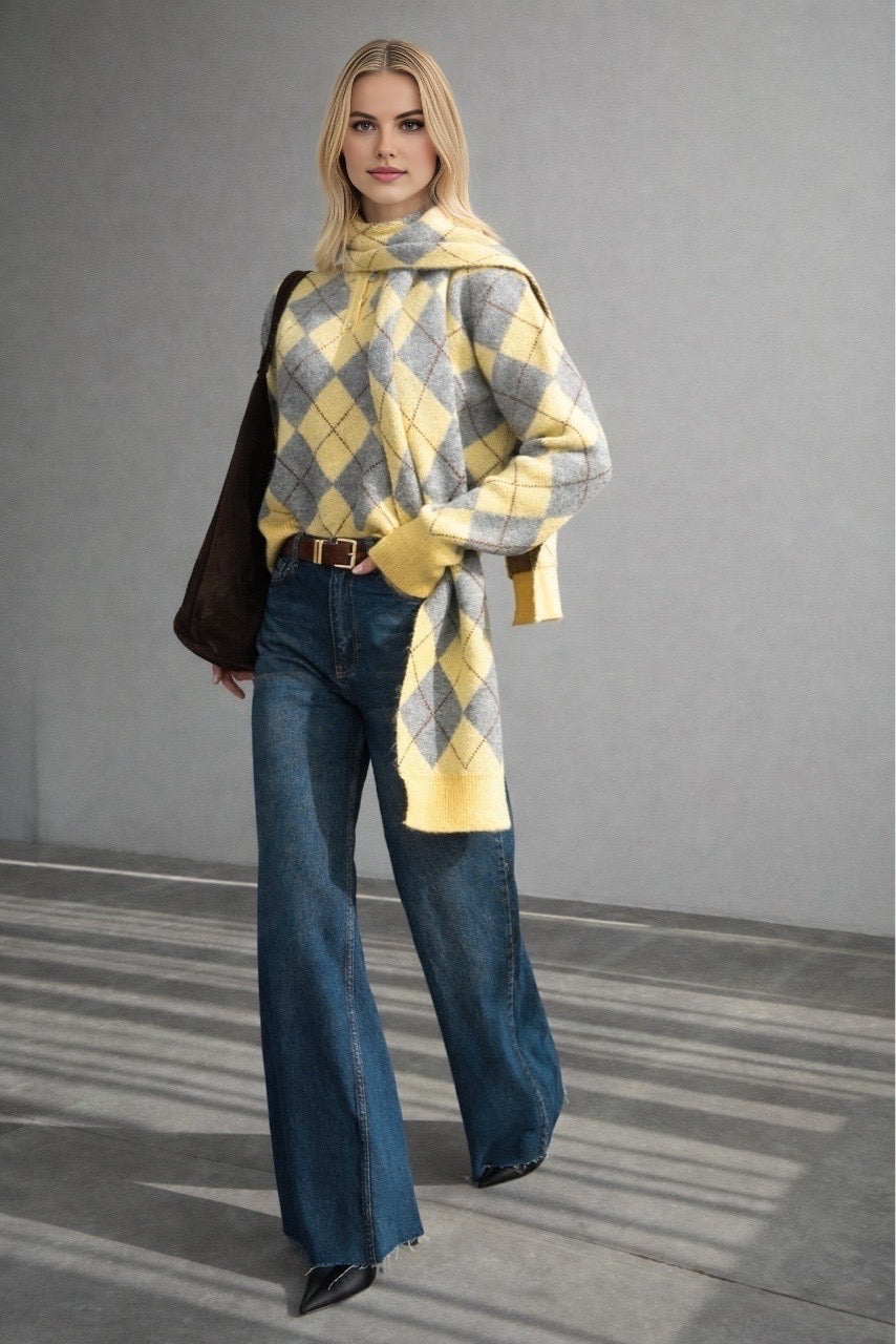 Kadın Baklava Desenli Atkı Detaylı Kazak