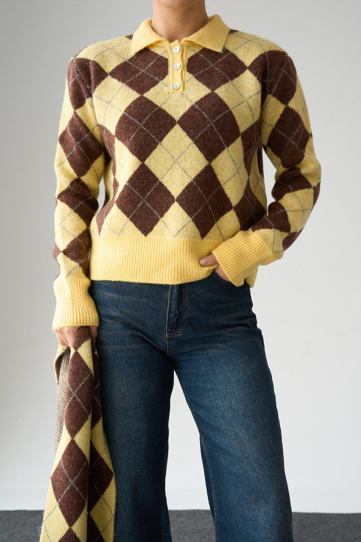 Kadın Baklava Desenli Atkı Detaylı Kazak