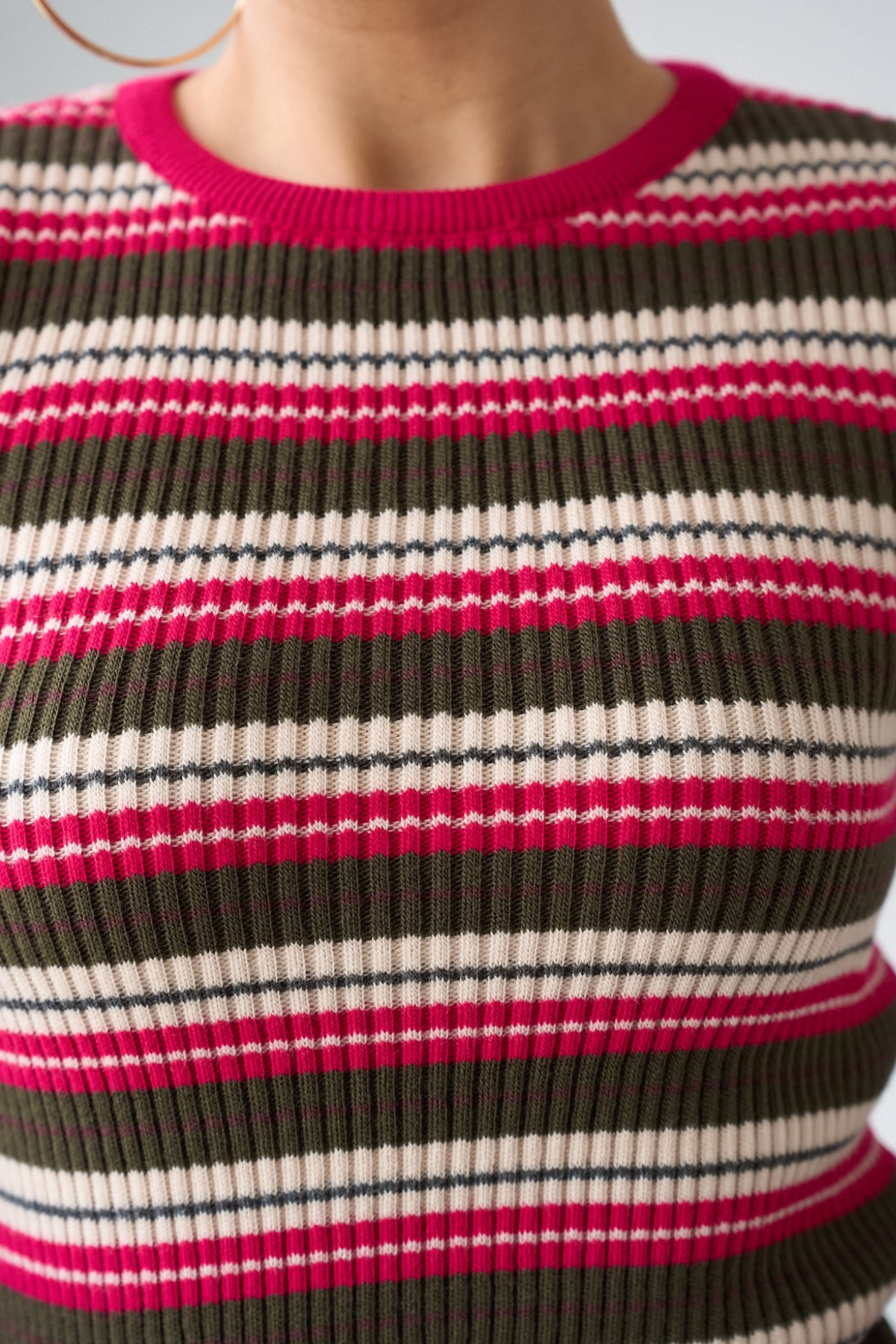 Kadın Fuşya Bisiklet Yaka Renkli Çizgili Kazak