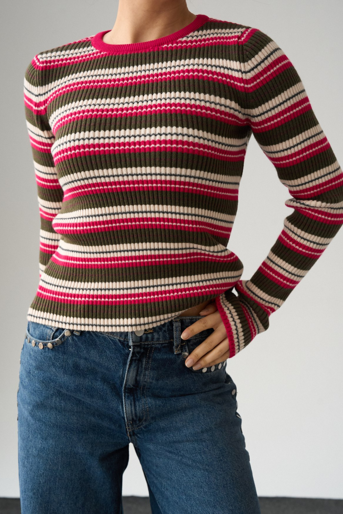 Kadın Fuşya Bisiklet Yaka Renkli Çizgili Kazak