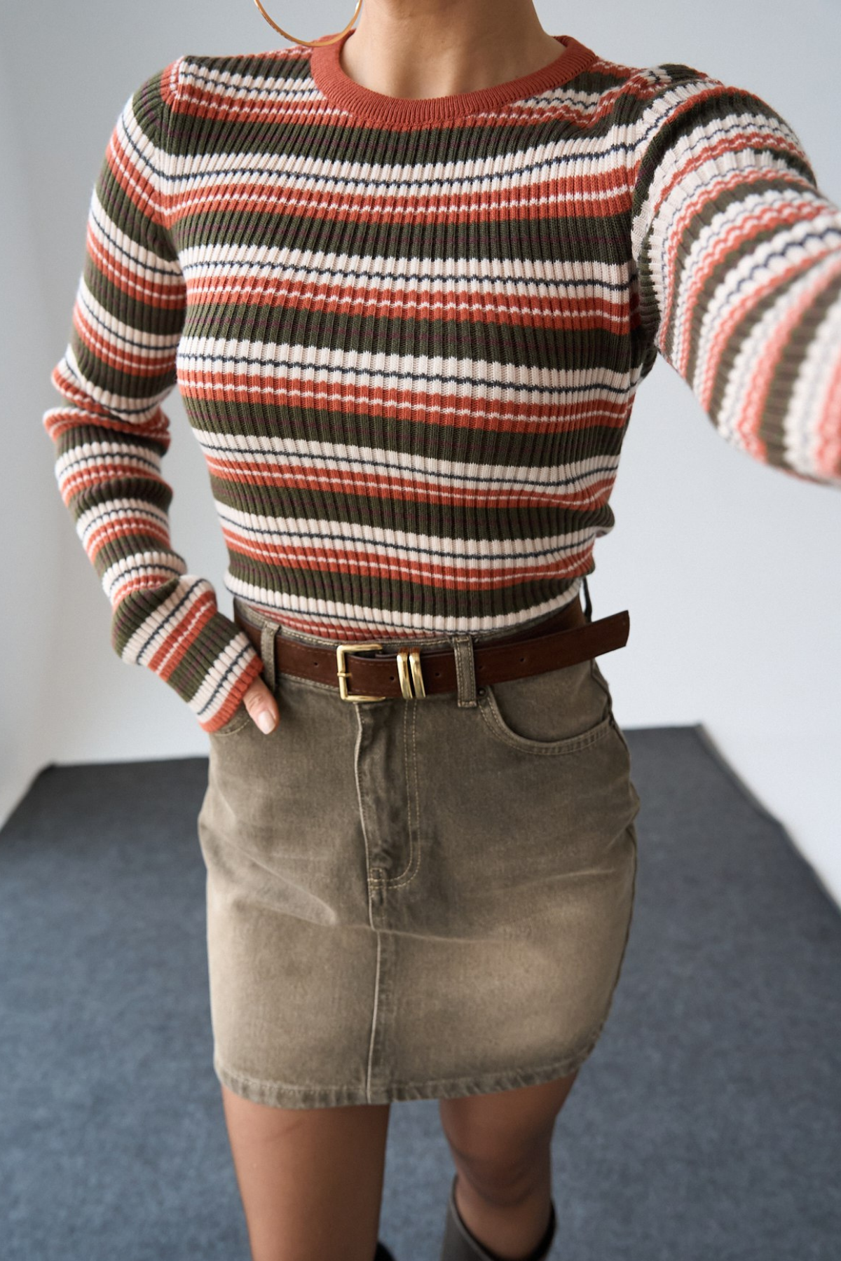 Kadın Fuşya Bisiklet Yaka Renkli Çizgili Kazak