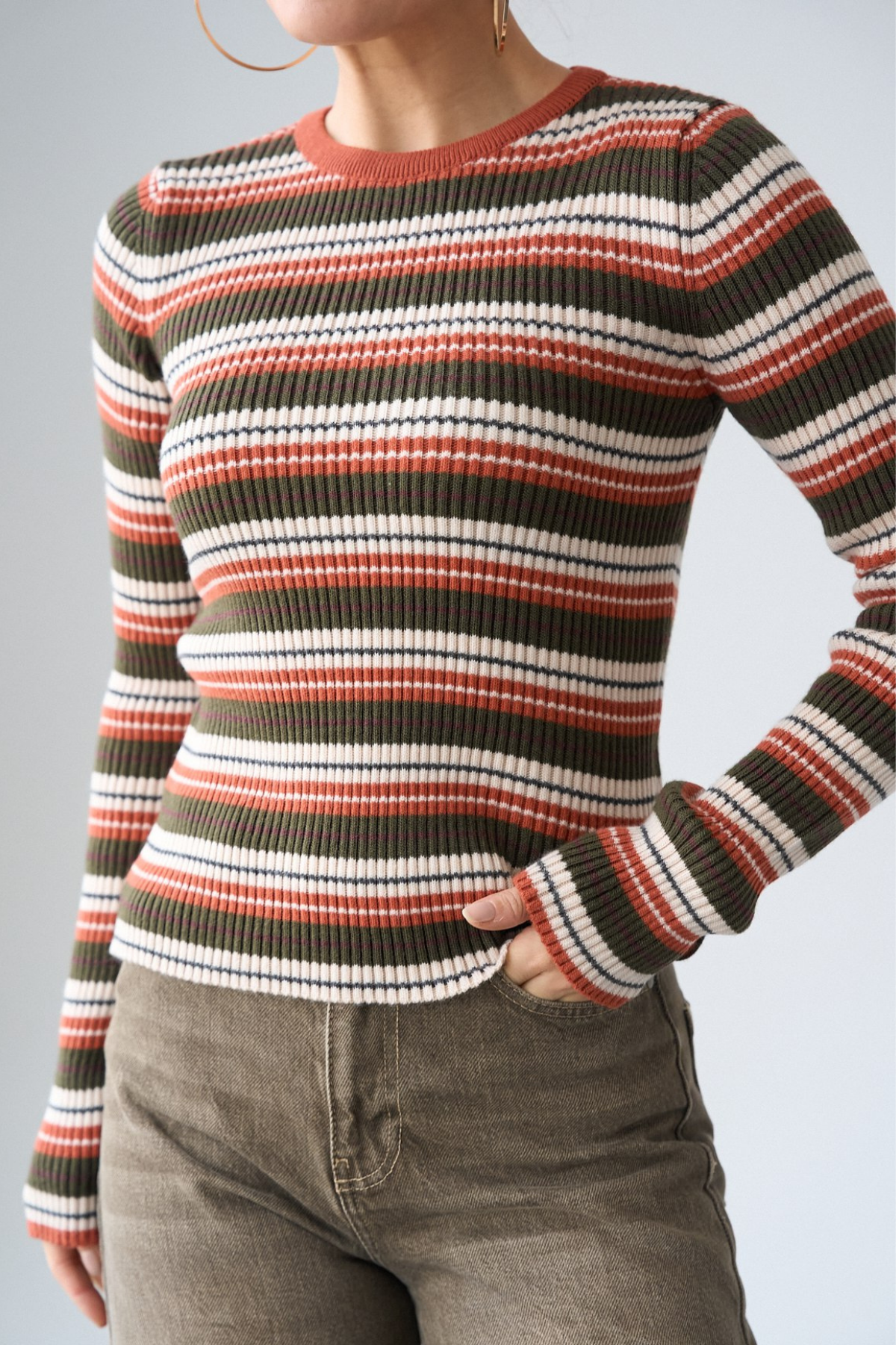 Kadın Fuşya Bisiklet Yaka Renkli Çizgili Kazak