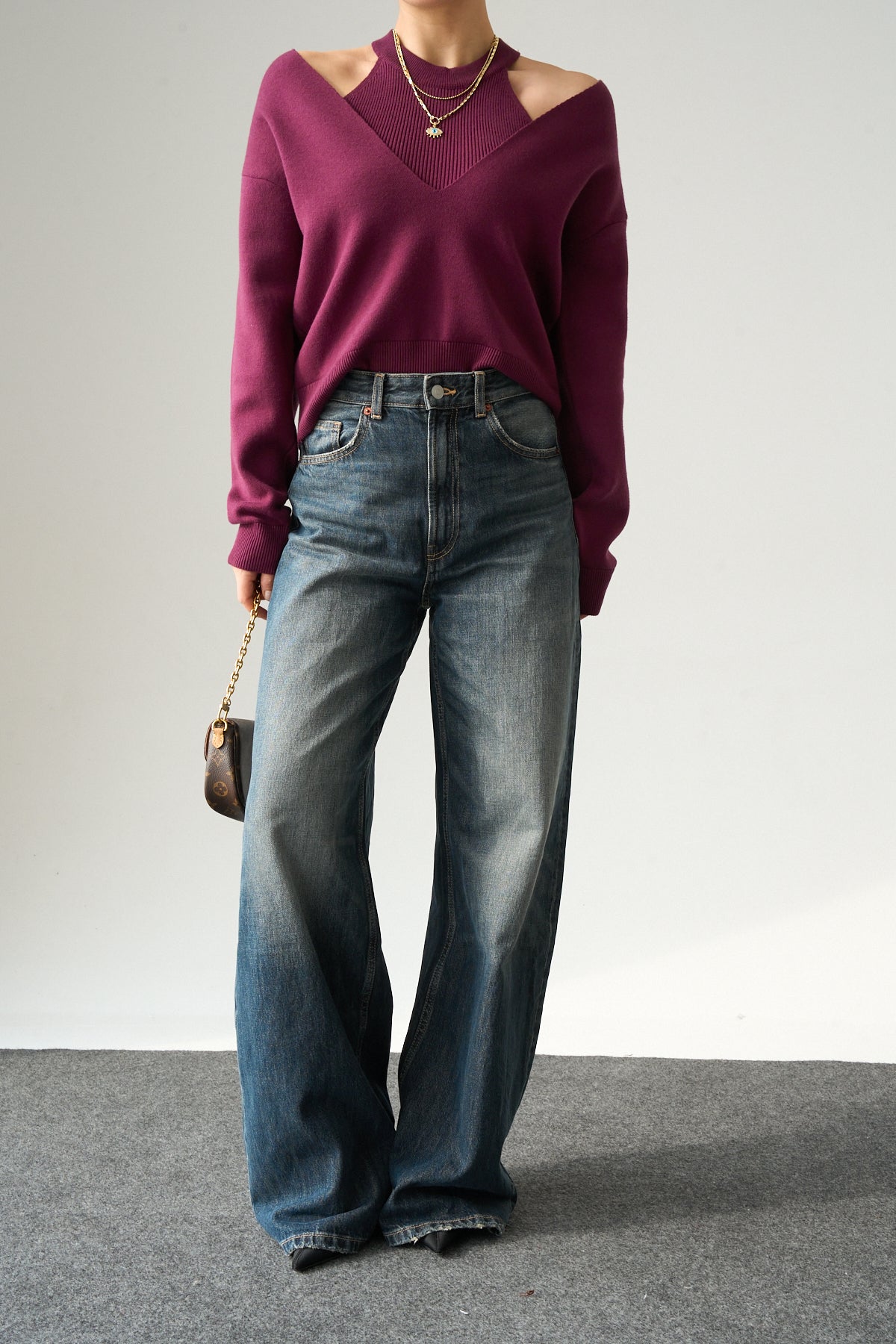 Kadın Mürdüm Yırtmaç Detaylı İkili V Yaka Kazak