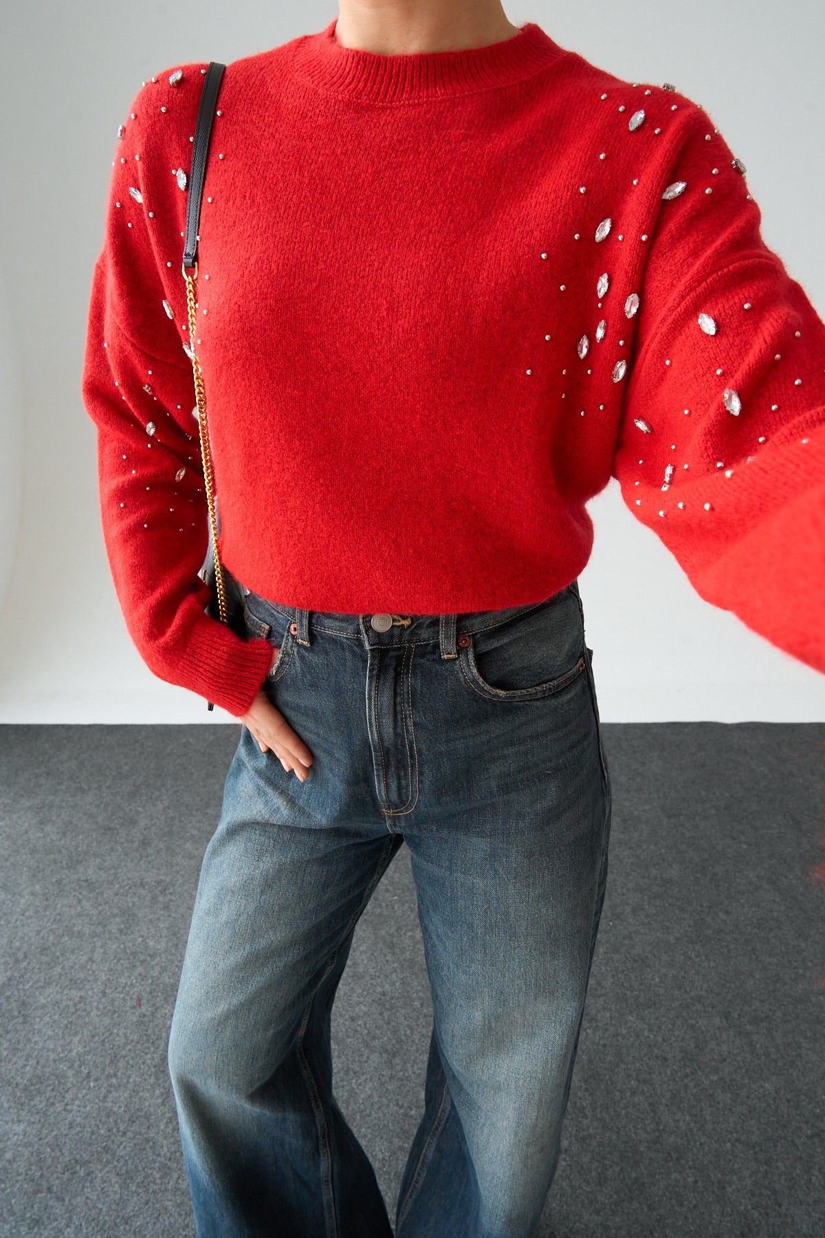 Kadın Bisiklet Yaka Taş Nakış İşlemeli Kazak