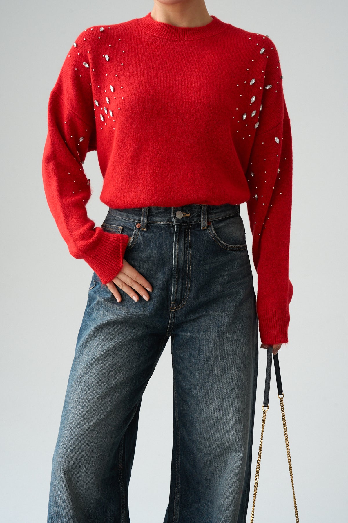 Kadın Bisiklet Yaka Taş Nakış İşlemeli Kazak