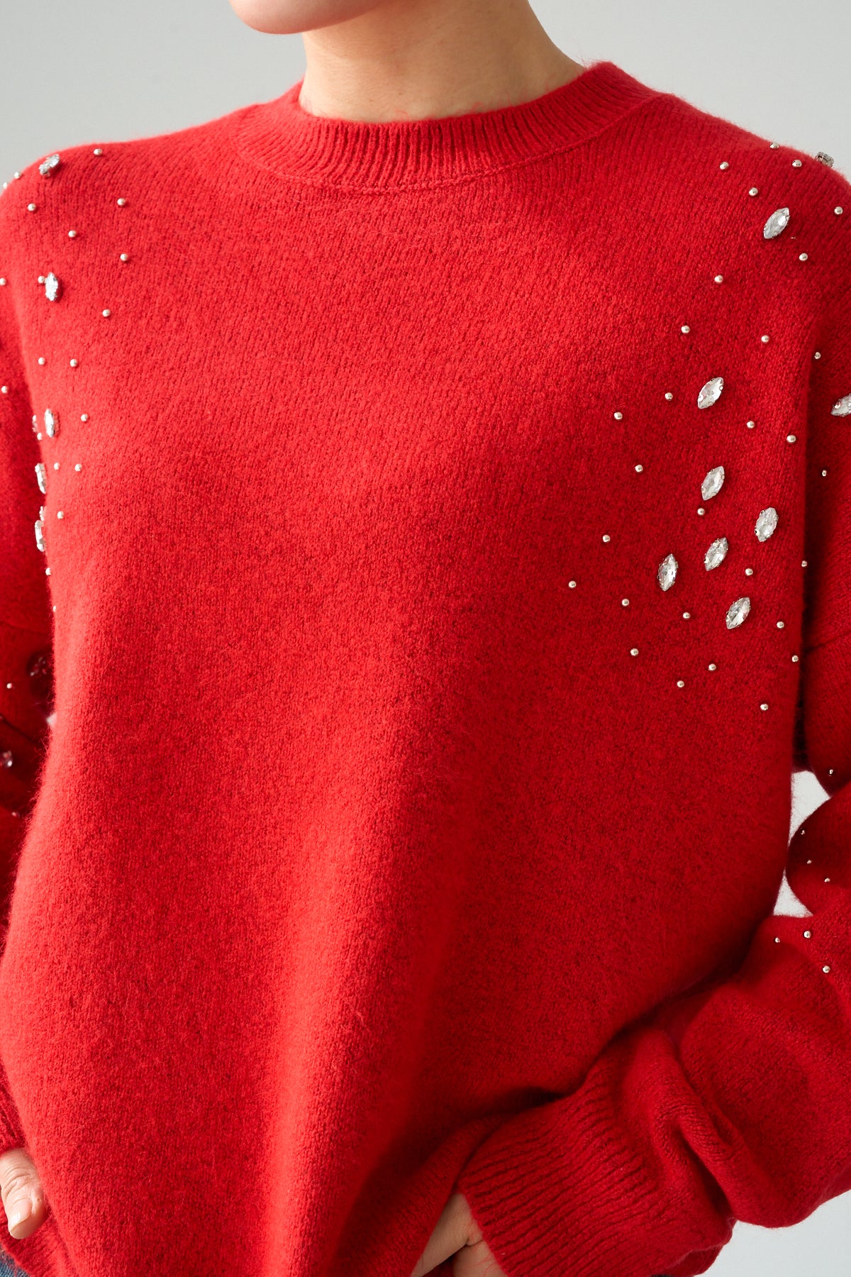 Kadın Bisiklet Yaka Taş Nakış İşlemeli Kazak