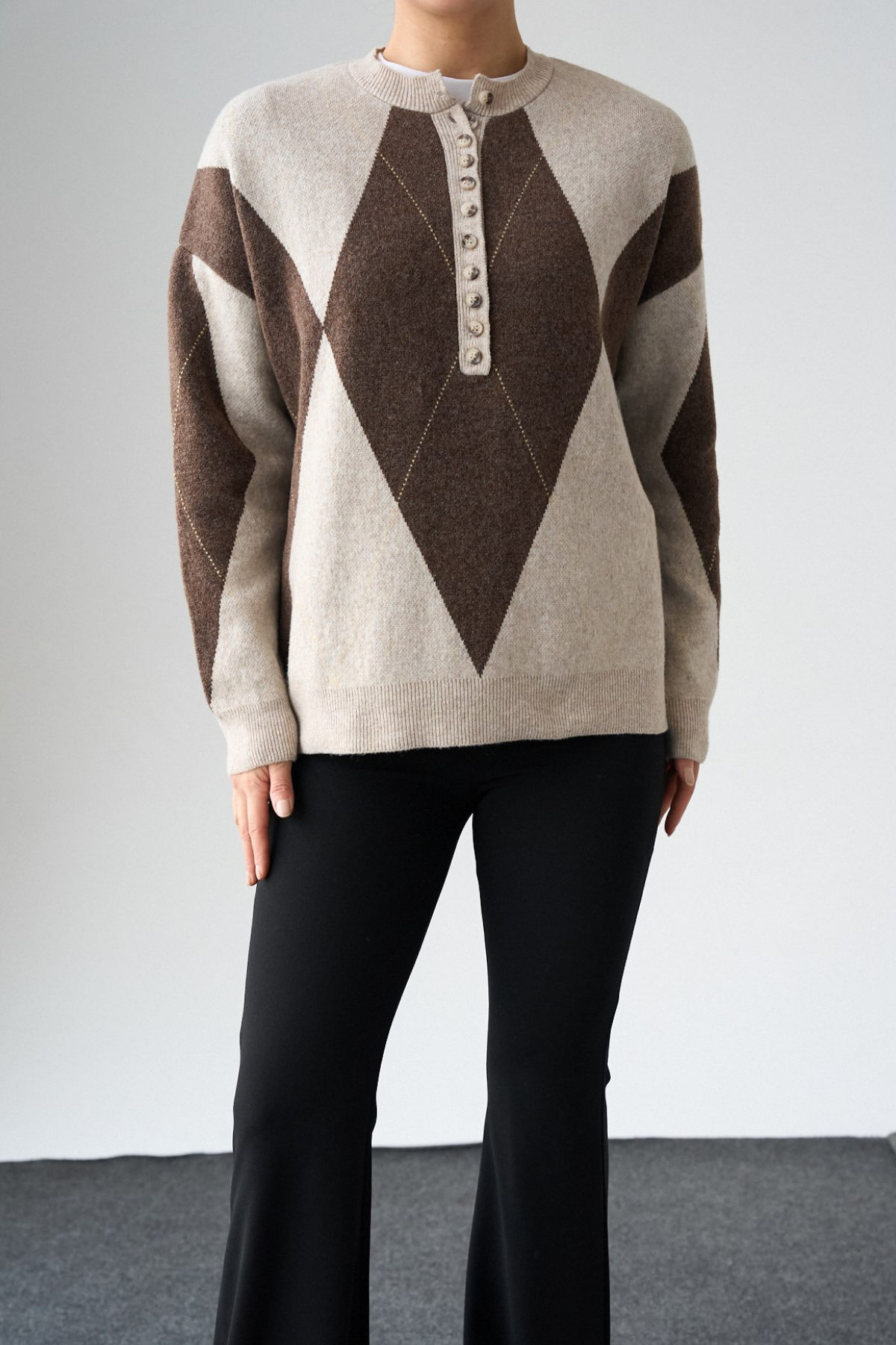 Kadın Bisiklet Yaka Düğme Baklava Desenli Yünlü Kazak