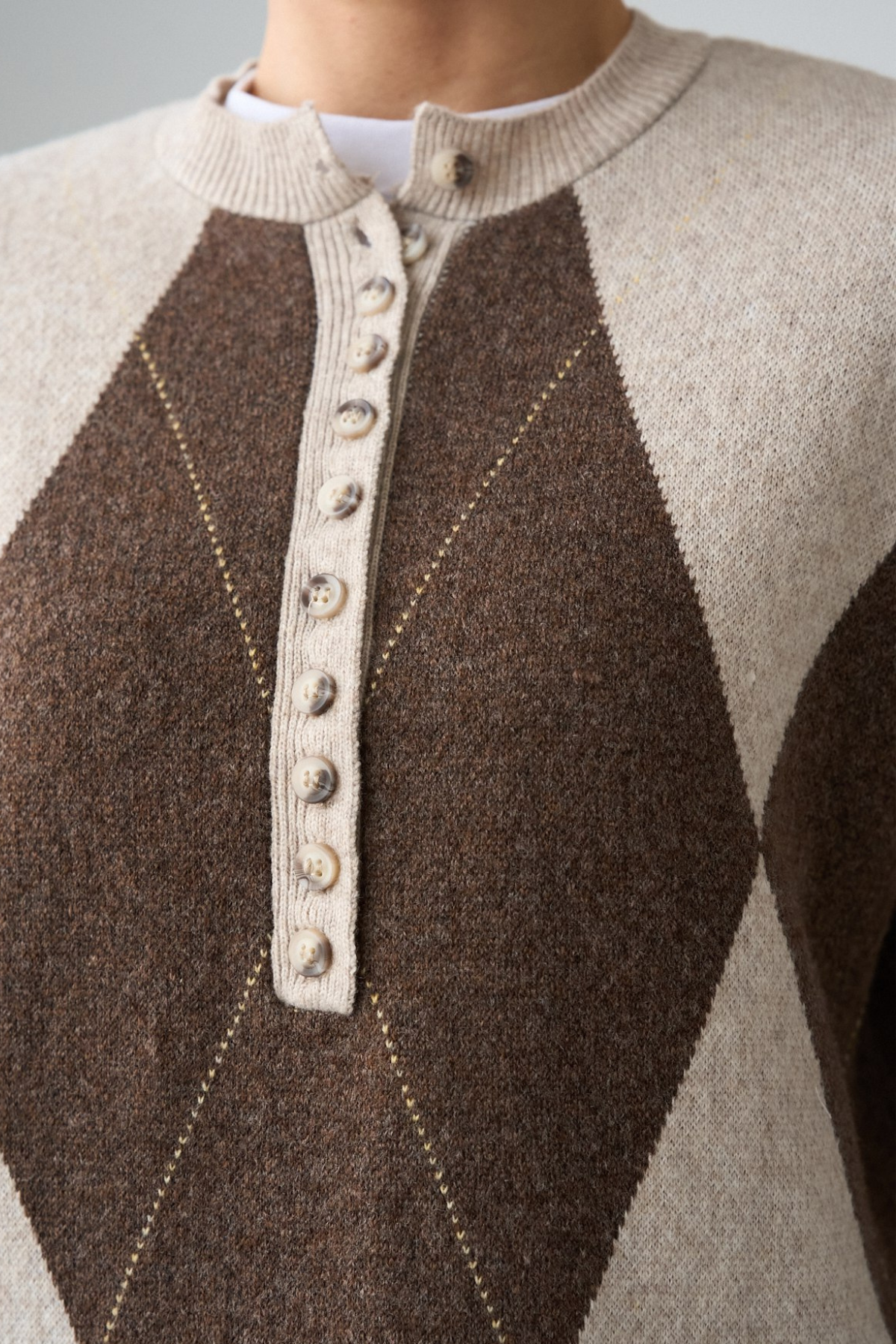 Kadın Bisiklet Yaka Düğme Baklava Desenli Yünlü Kazak