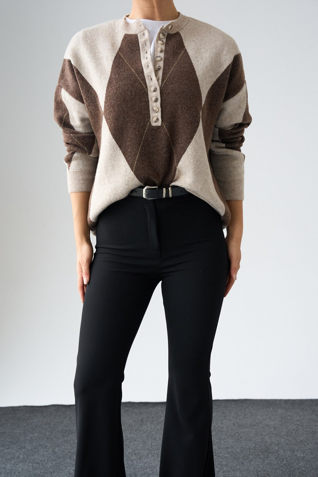 Kadın Bisiklet Yaka Düğme Baklava Desenli Yünlü Kazak