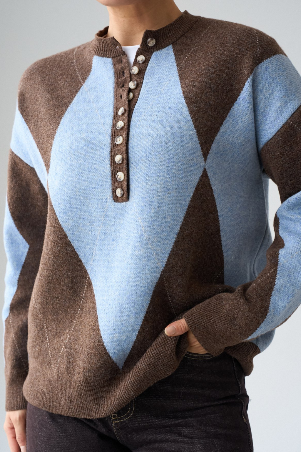 Kadın Bisiklet Yaka Düğme Baklava Desenli Yünlü Kazak