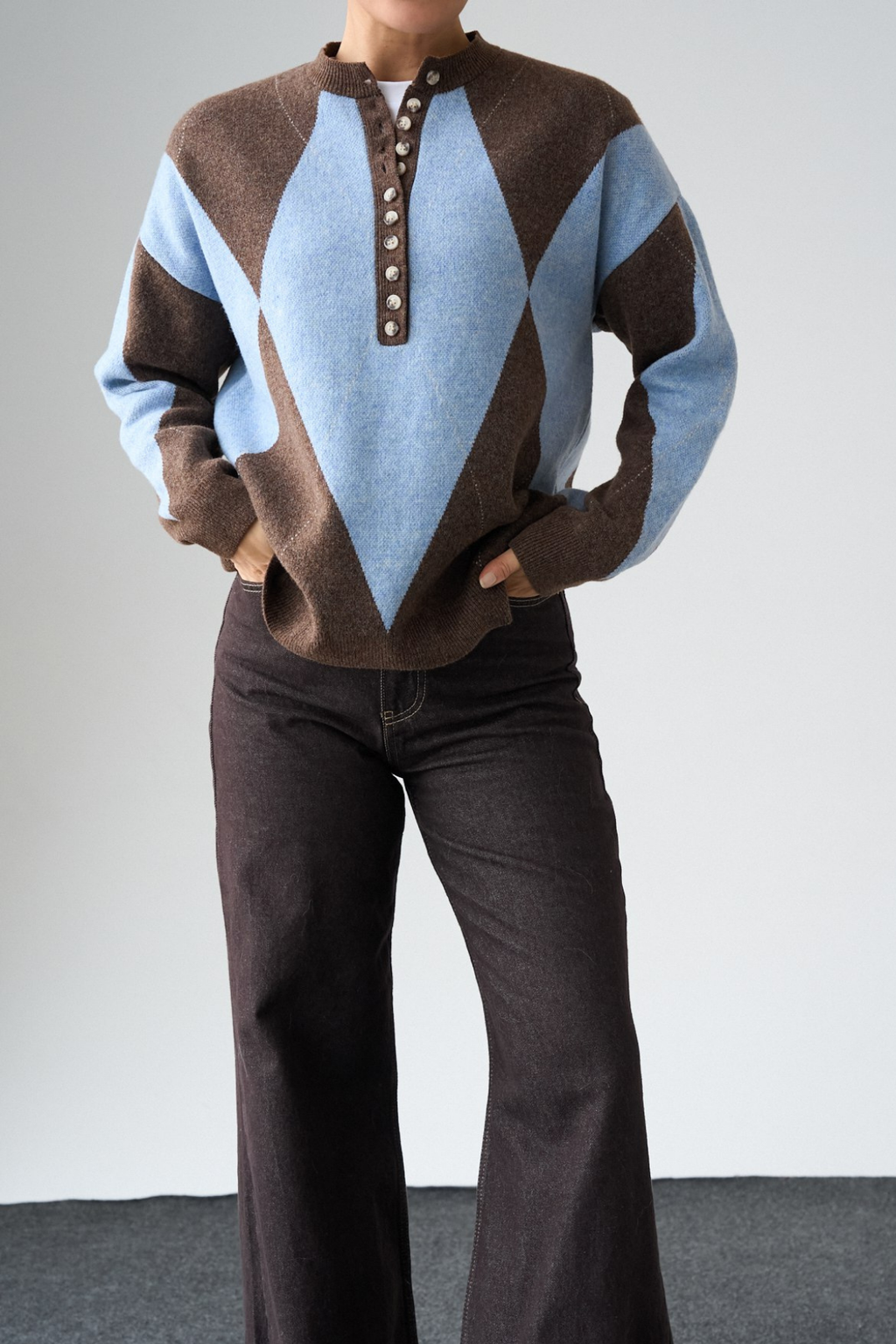 Kadın Bisiklet Yaka Düğme Baklava Desenli Yünlü Kazak