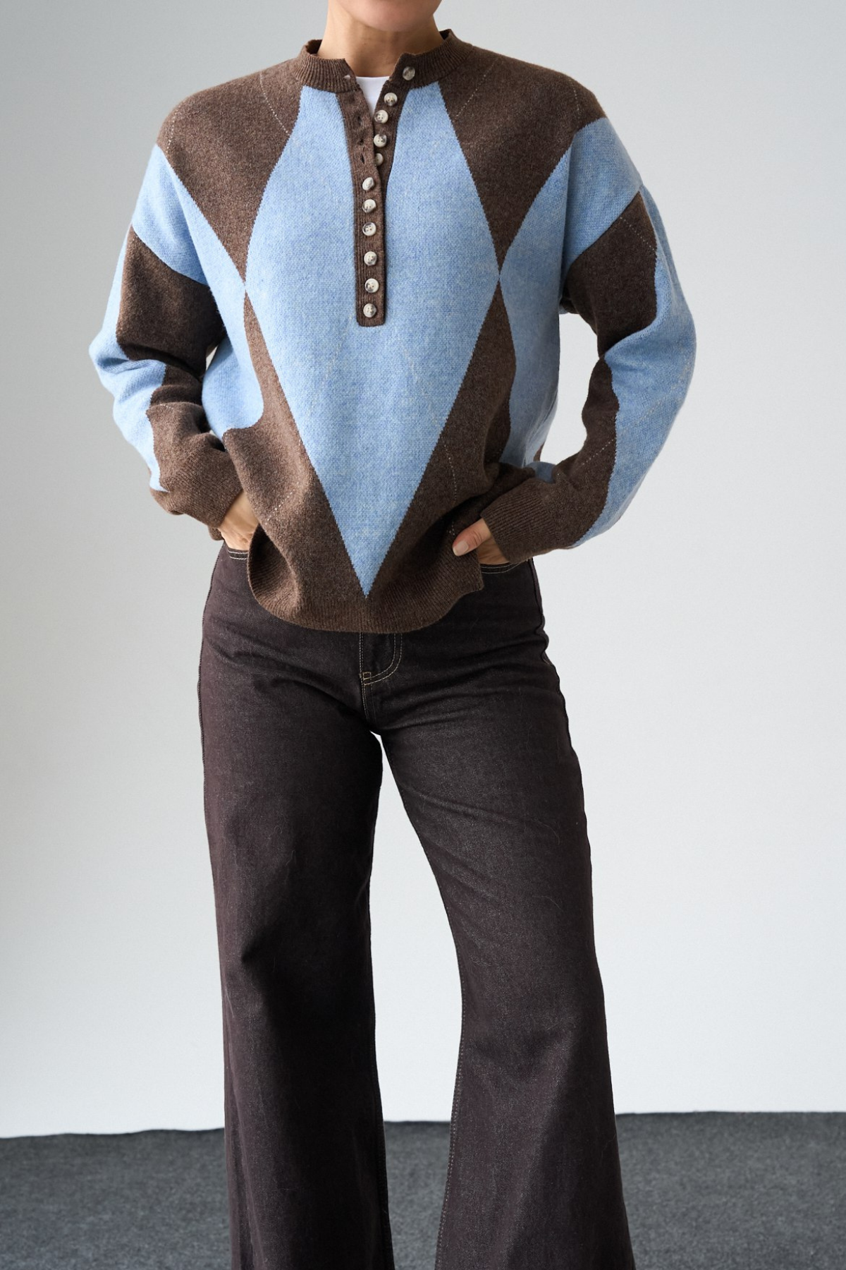 Kadın Bisiklet Yaka Düğme Baklava Desenli Yünlü Kazak