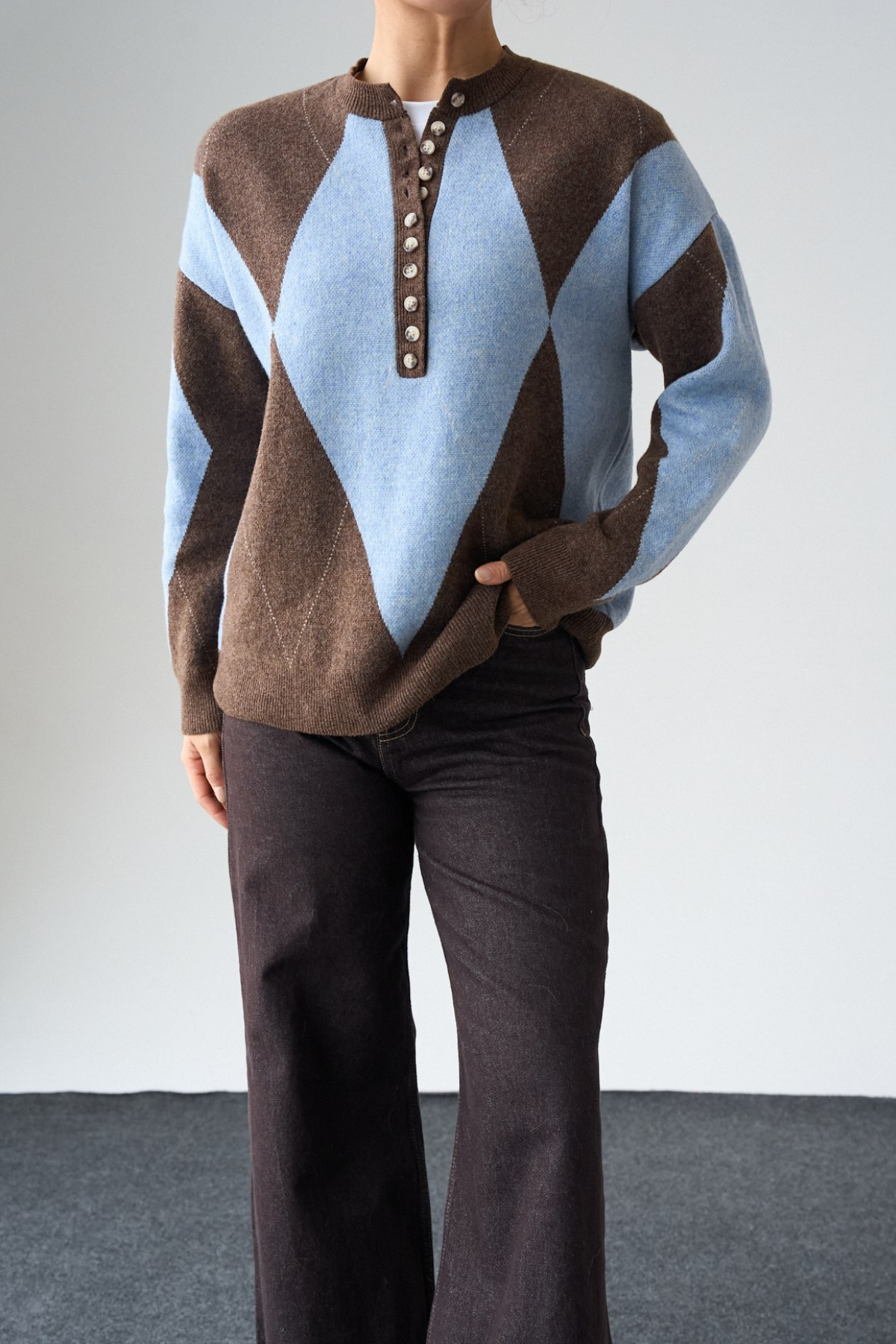 Kadın Bisiklet Yaka Düğme Baklava Desenli Yünlü Kazak