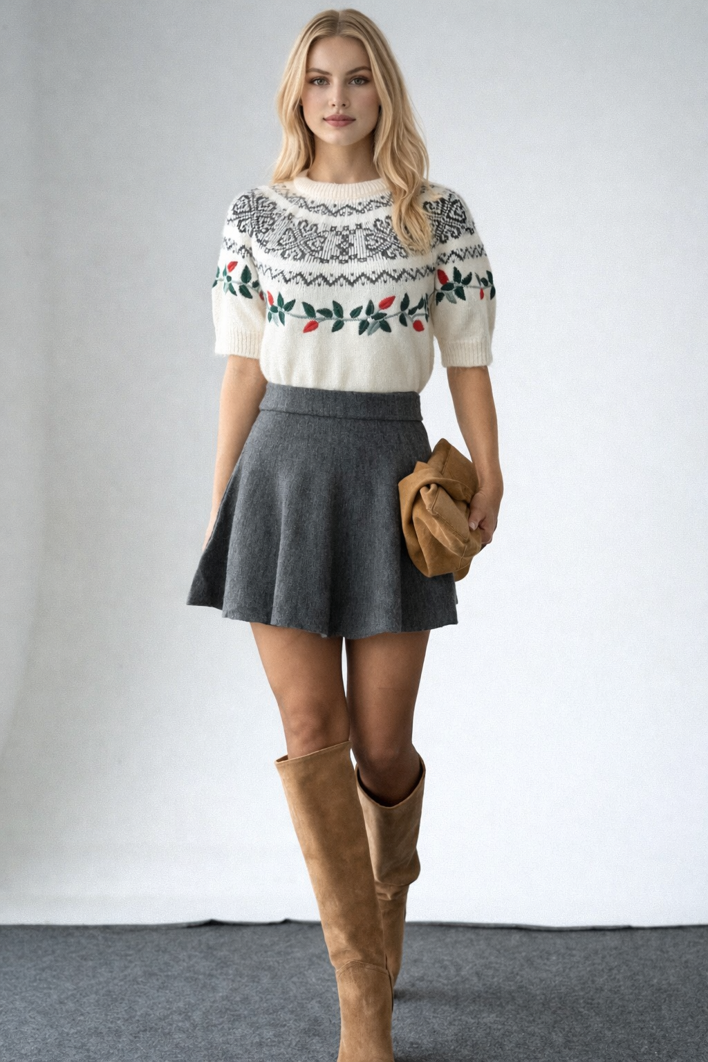 Kadın Krem Bisiklet Yaka Kısa Kollu Jakar İşlemeli Kazak