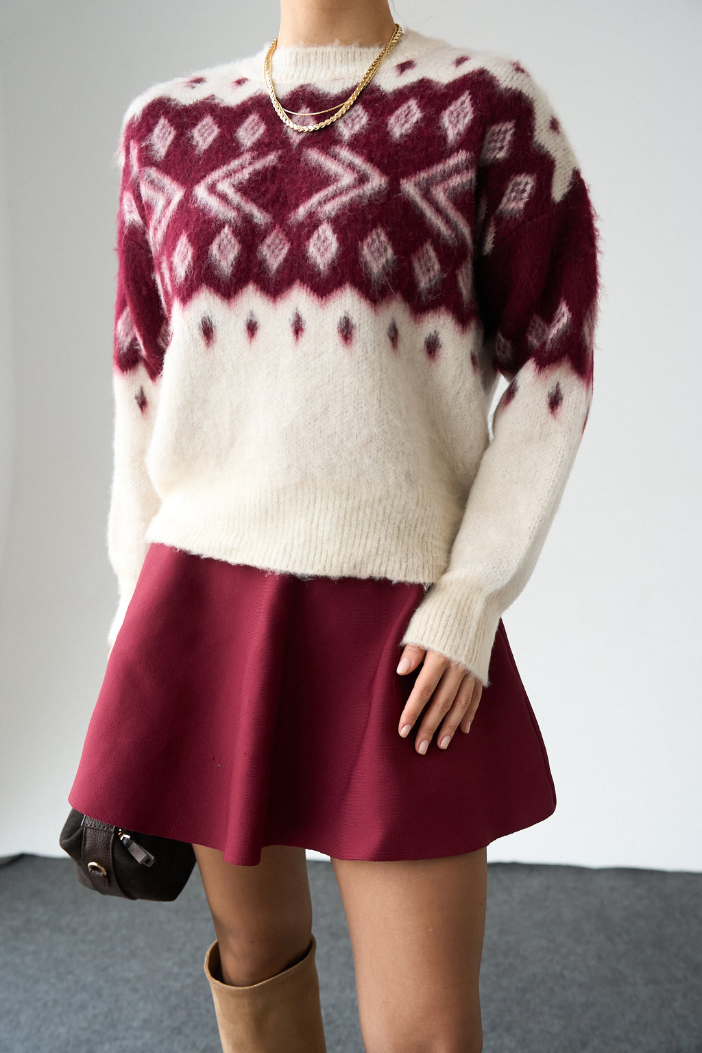 Kadın Bisiklet Yaka Desenli Şardonlu Triko Kazak