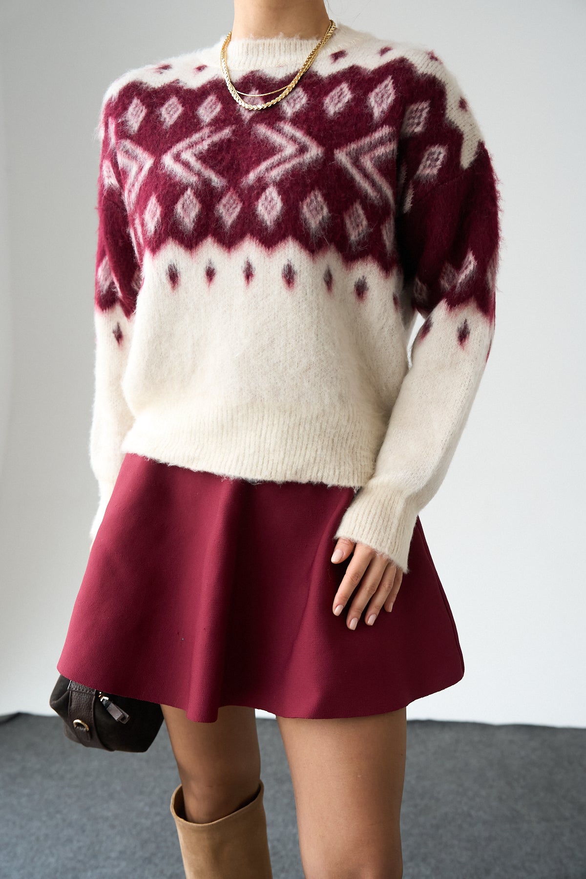 Kadın Bisiklet Yaka Desenli Şardonlu Triko Kazak