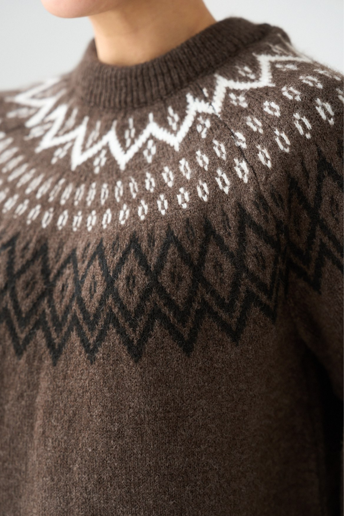 Kadın Kahve Bisiklet Yaka Desenli Yünlü Kazak