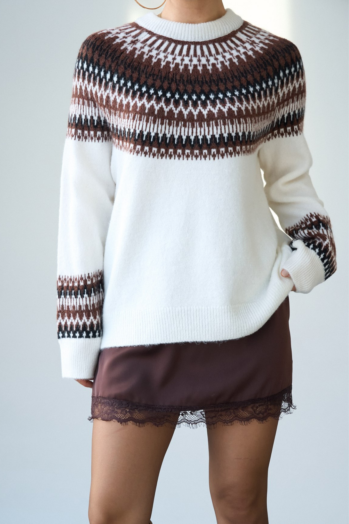 Kadın Kemik Yuvarlak Yaka Desenli Jakarlı Kazak