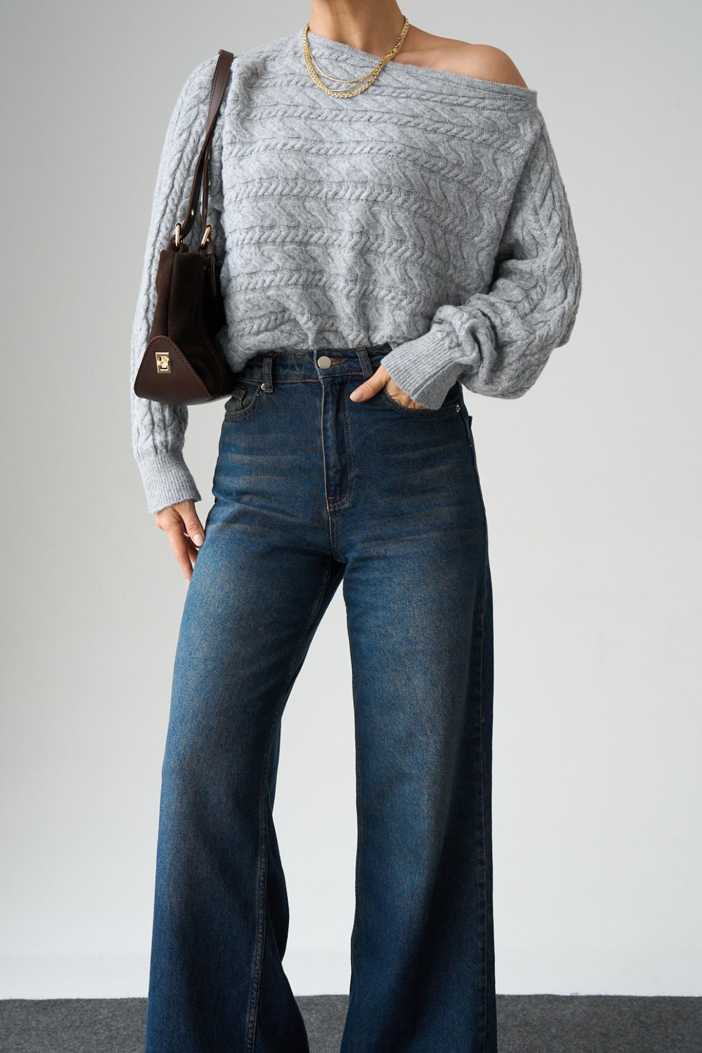 Kadın Asimetrik Yaka Örgü Kazak