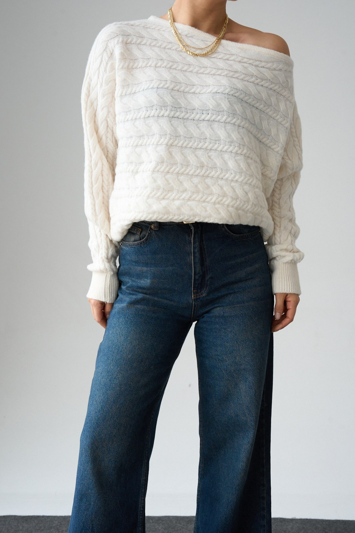 Kadın Asimetrik Yaka Örgü Kazak