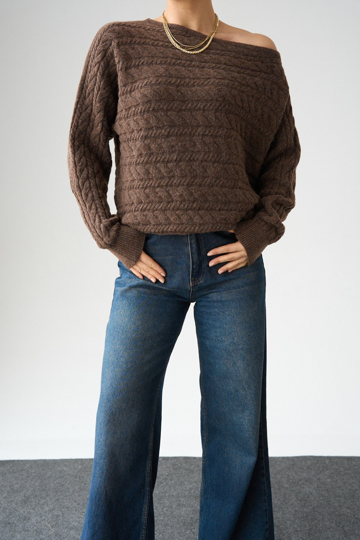 Kadın Asimetrik Yaka Örgü Kazak