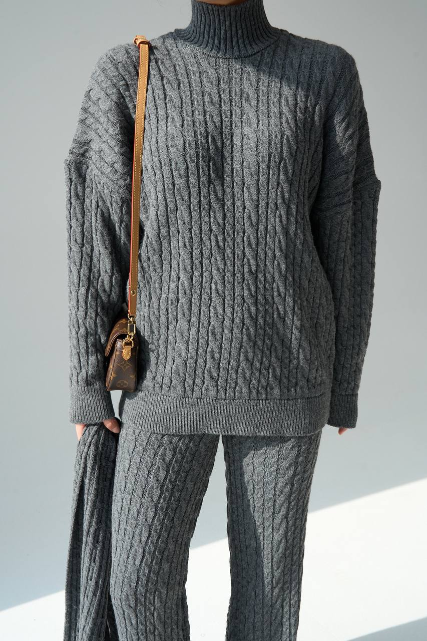 Kadın Antrasit Atkılı Saç Örgülü Premium Pamuklu 3'lü Takım