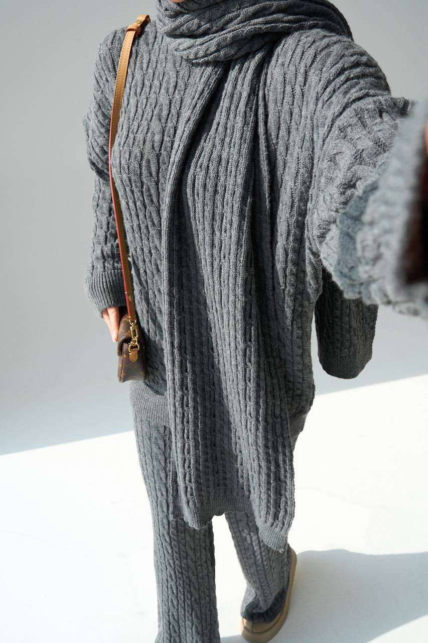 Kadın Antrasit Atkılı Saç Örgülü Premium Pamuklu 3'lü Takım