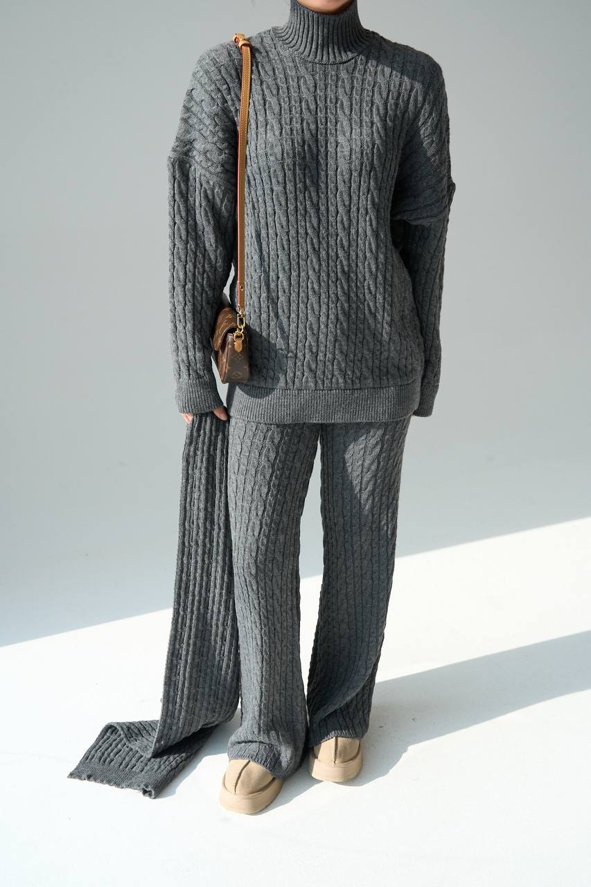 Kadın Antrasit Atkılı Saç Örgülü Premium Pamuklu 3'lü Takım