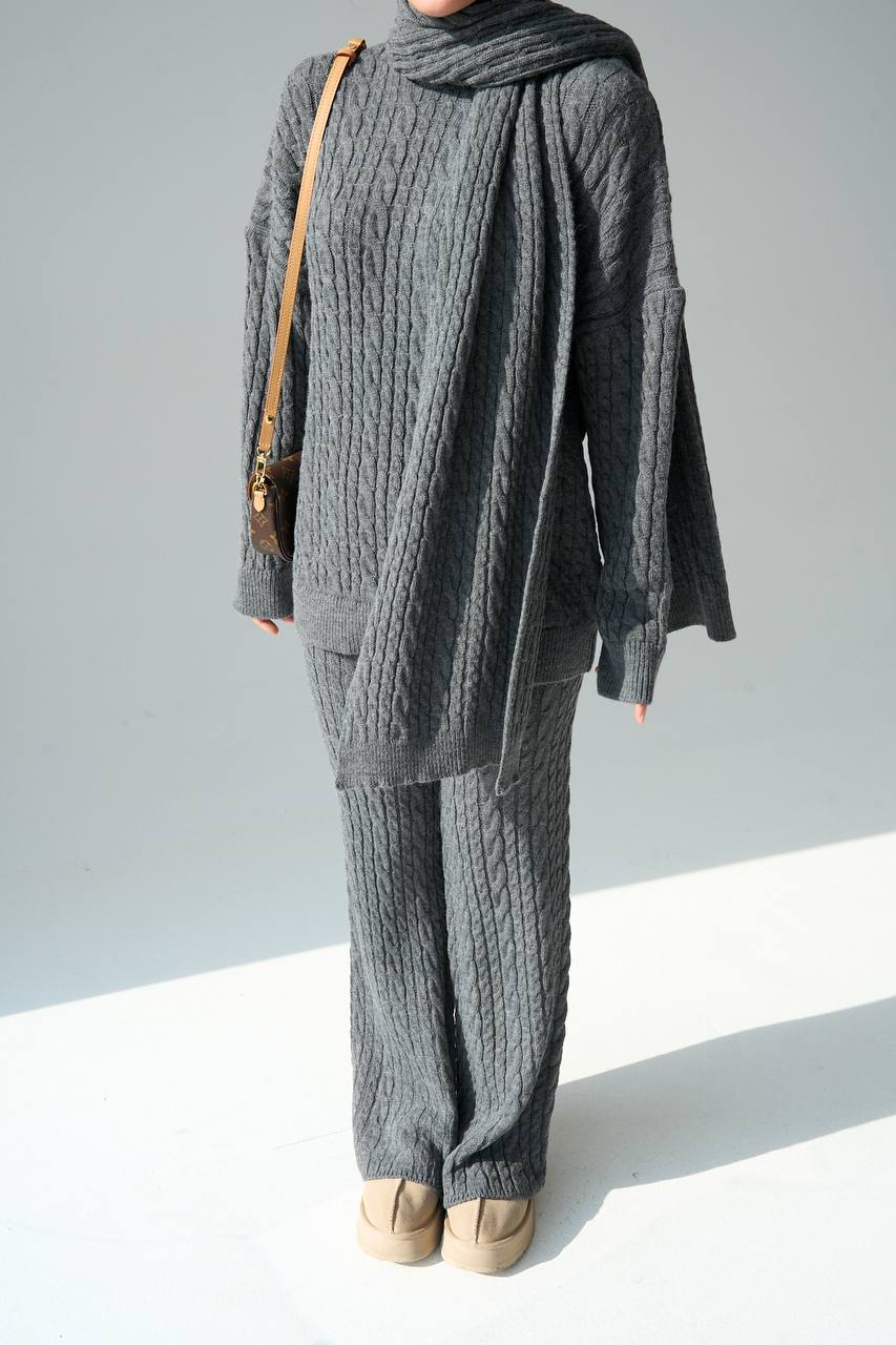 Kadın Antrasit Atkılı Saç Örgülü Premium Pamuklu 3'lü Takım