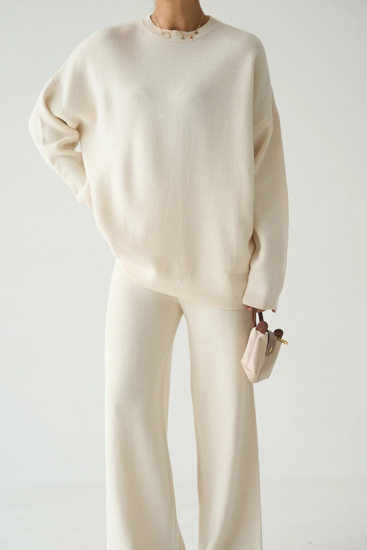 Kadın Bisiklet Yaka Kazak Geniş Kesim Pantolon Triko Takım