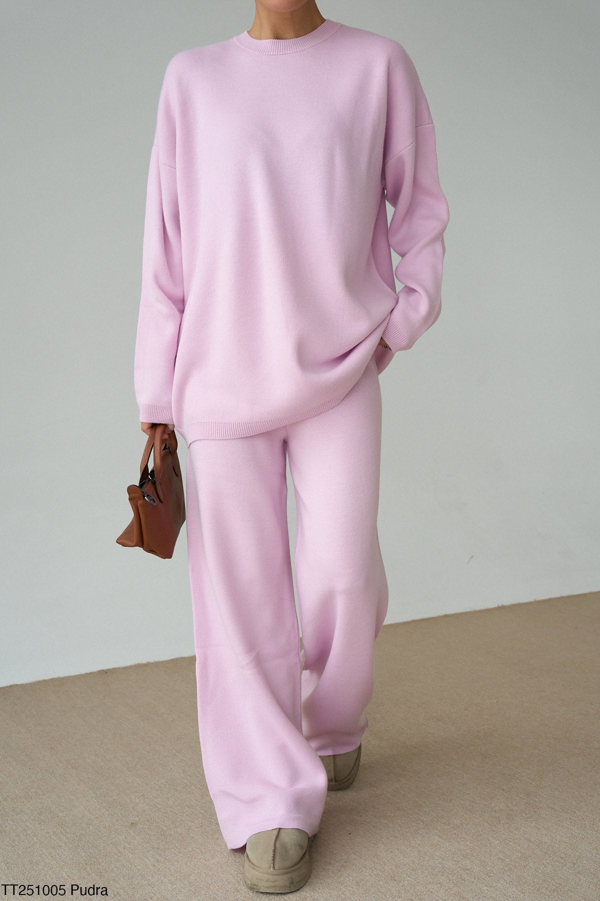 Kadın Bisiklet Yaka Kazak Geniş Kesim Pantolon Triko Takım