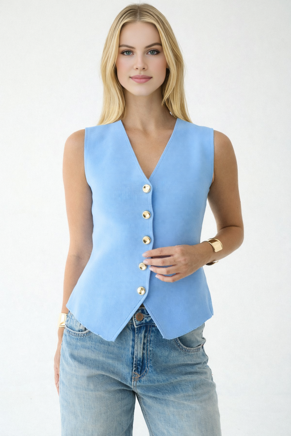 Kadın V Yaka Gold Düğmeli Yelek