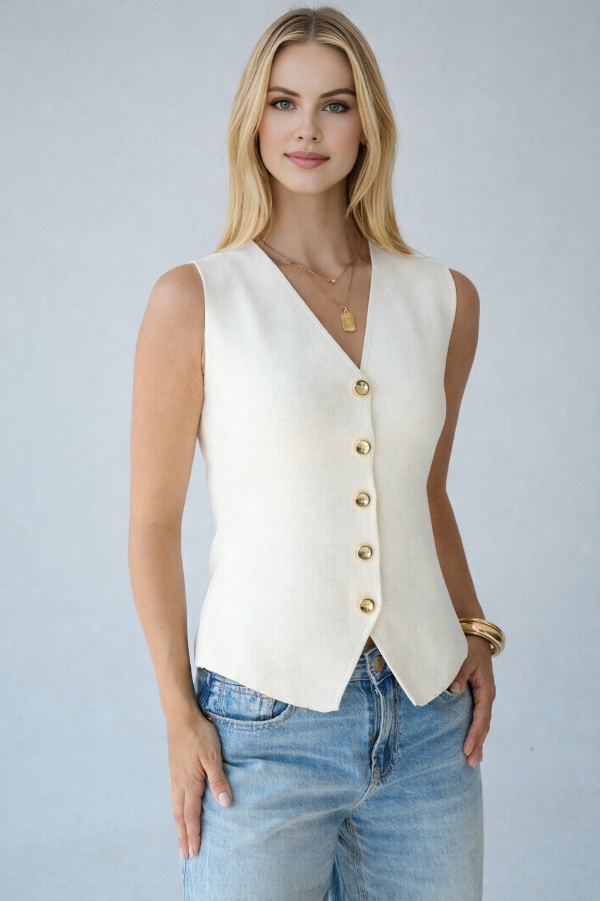 Kadın V Yaka Gold Düğmeli Yelek