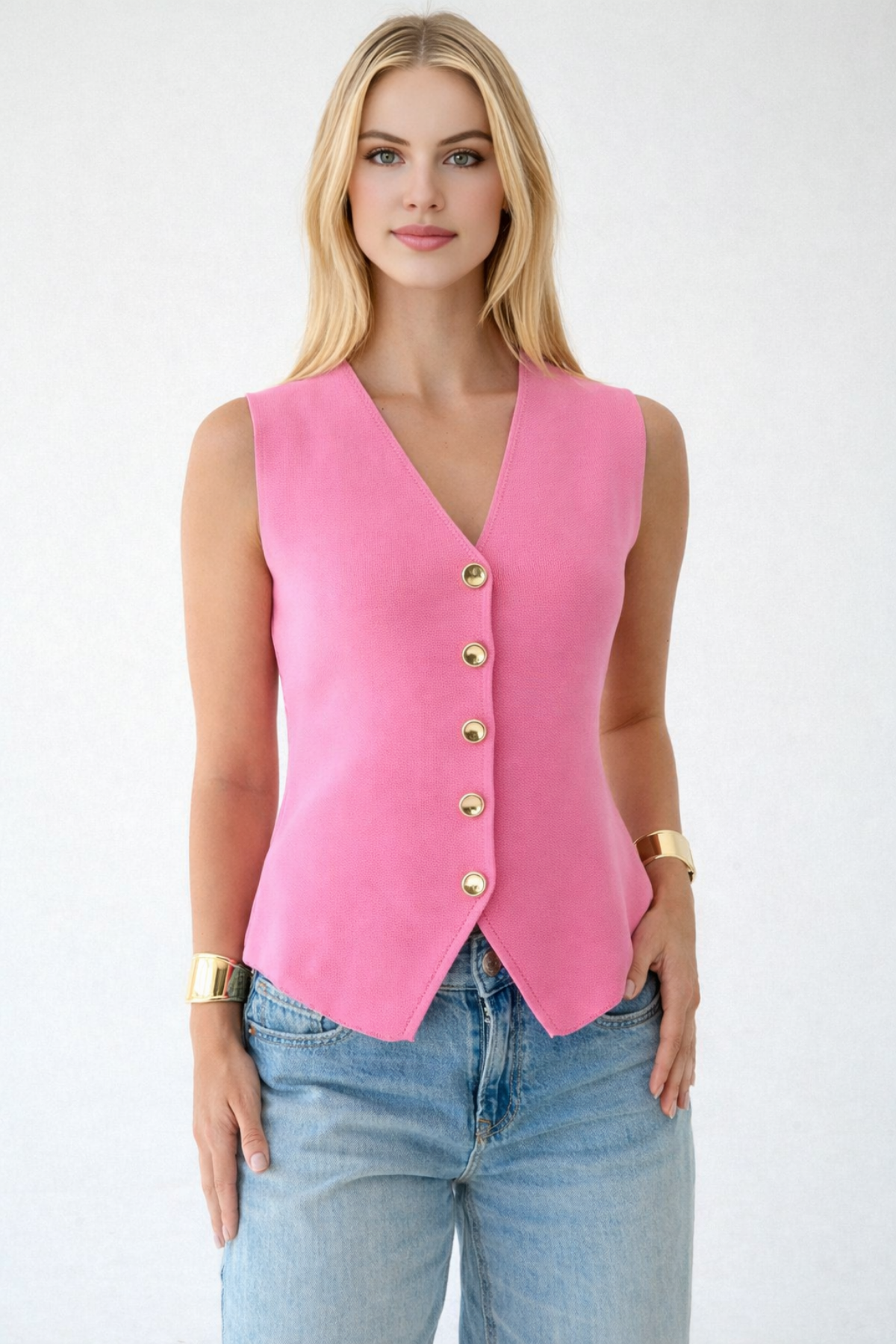 Kadın V Yaka Gold Düğmeli Yelek