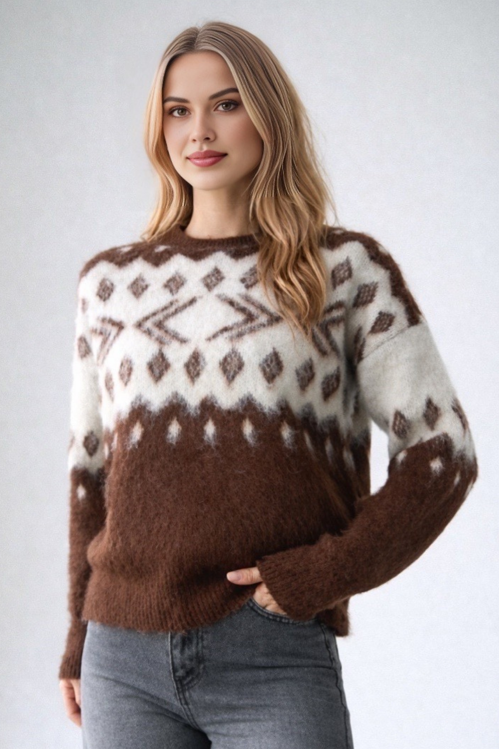 Kadın Bisiklet Yaka Desenli Şardonlu Triko Kazak