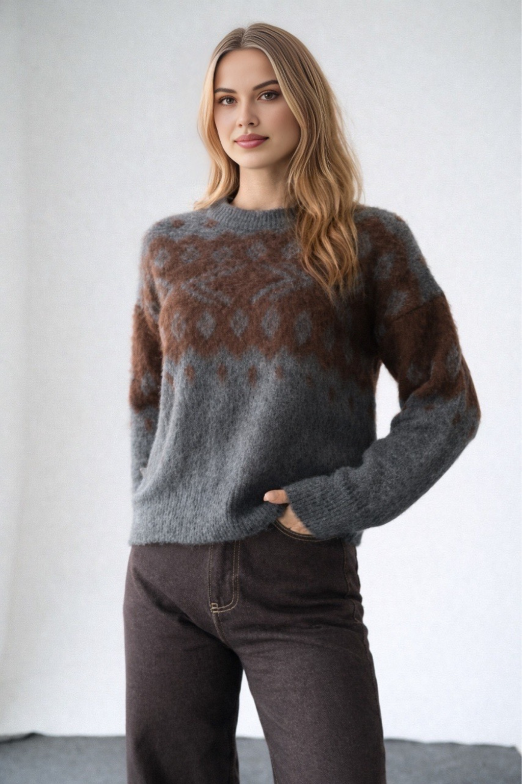 Kadın Bisiklet Yaka Desenli Şardonlu Triko Kazak