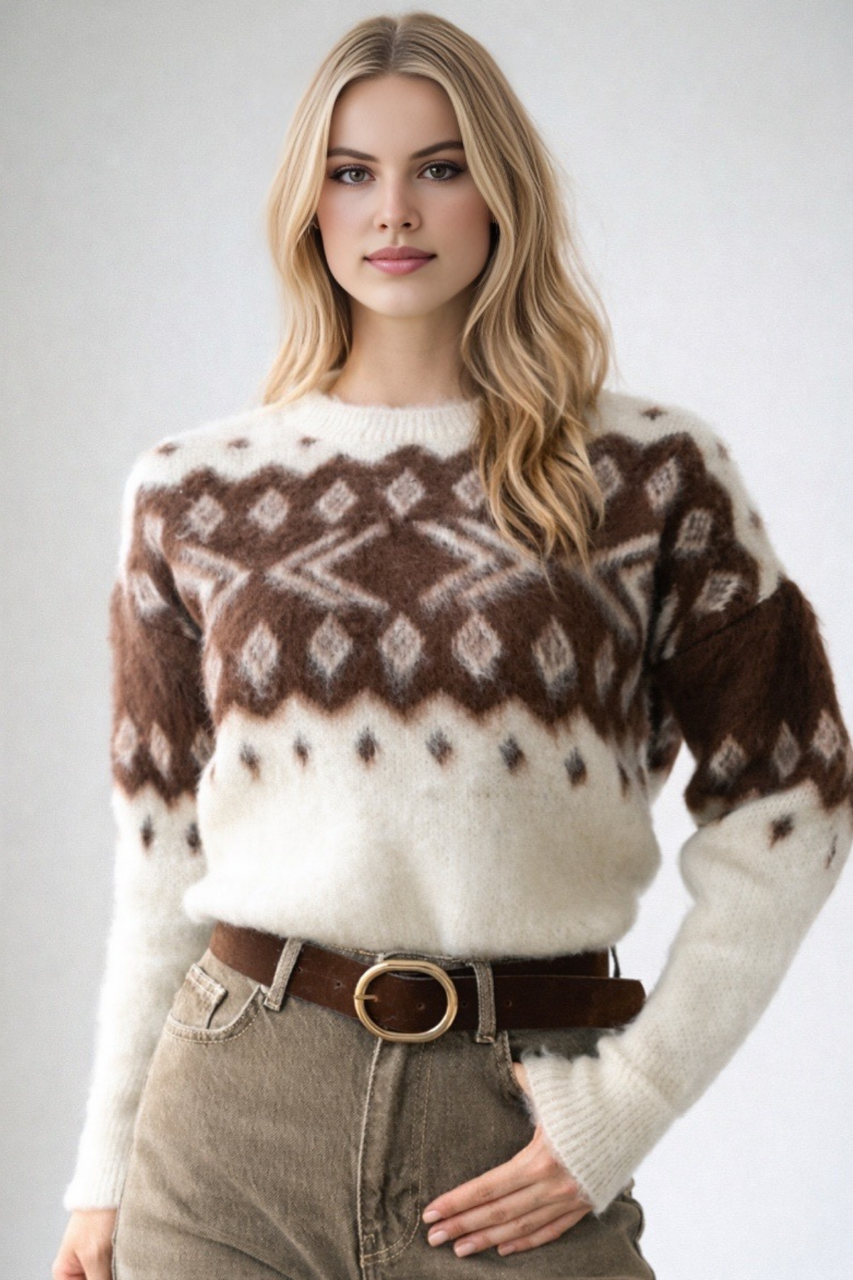 Kadın Bisiklet Yaka Desenli Şardonlu Triko Kazak