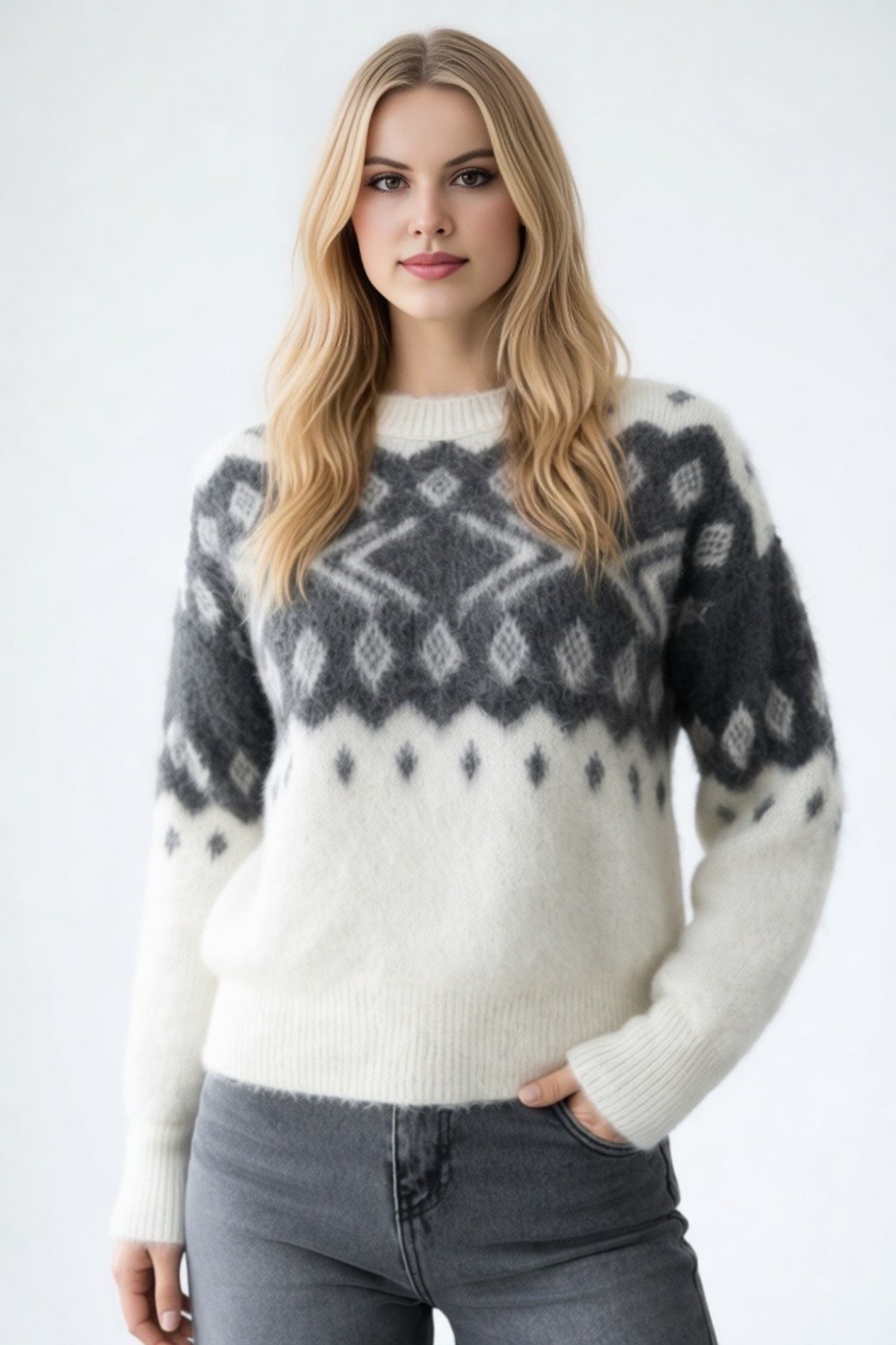 Kadın Bisiklet Yaka Desenli Şardonlu Triko Kazak