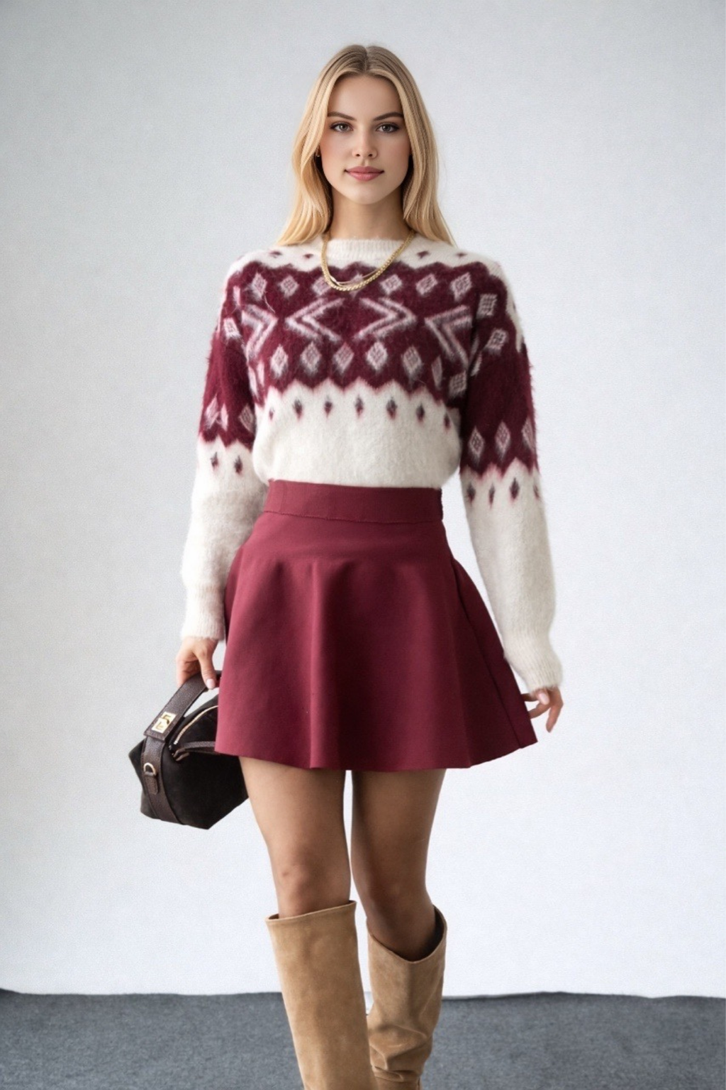 Kadın Bisiklet Yaka Desenli Şardonlu Triko Kazak