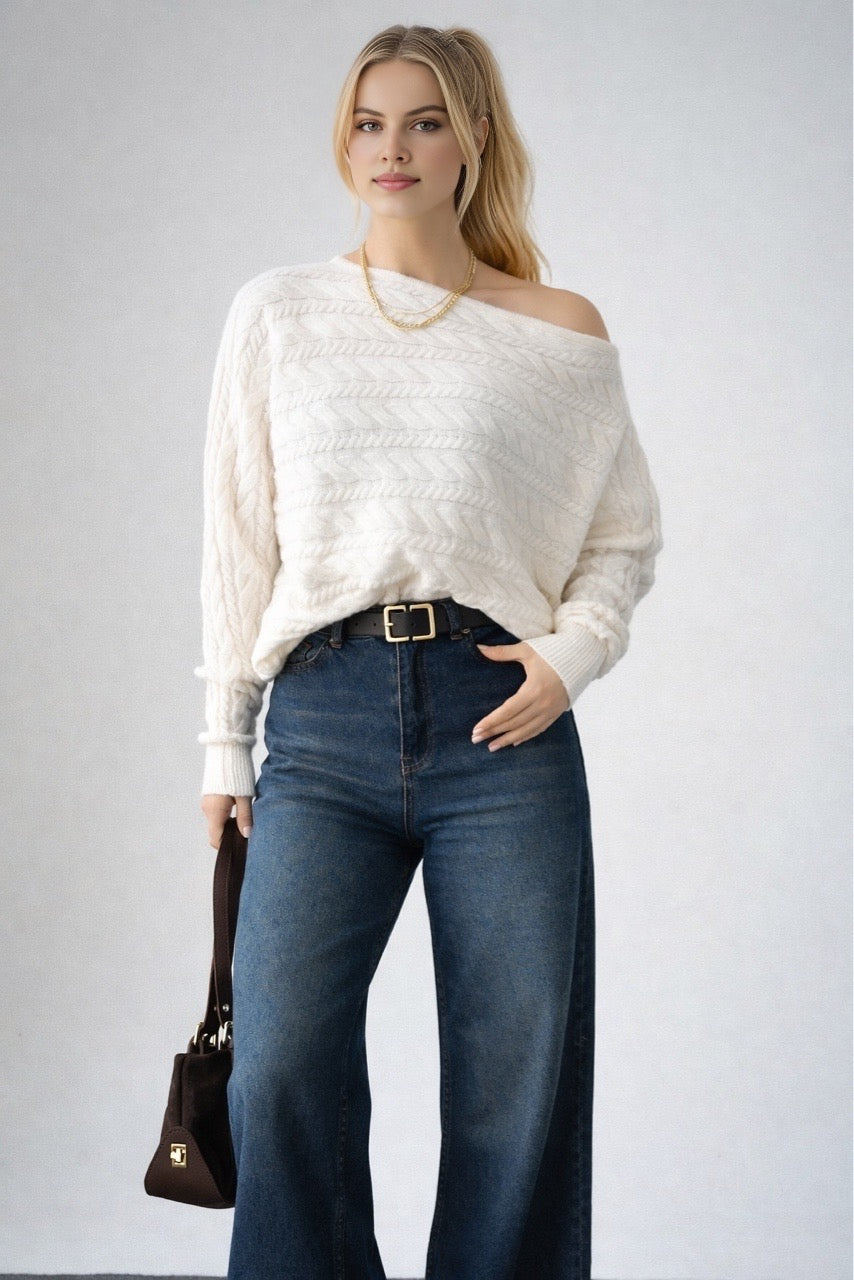 Kadın Asimetrik Yaka Örgü Kazak