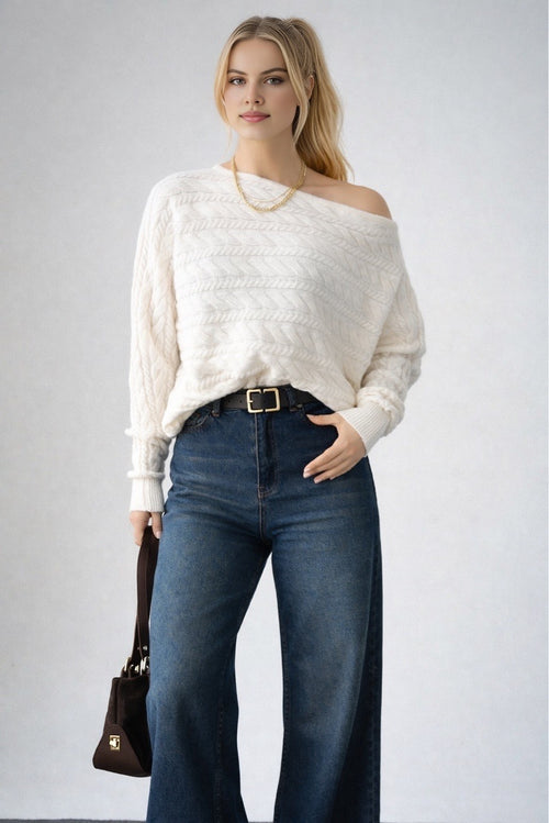 Kadın Asimetrik Yaka Örgü Kazak