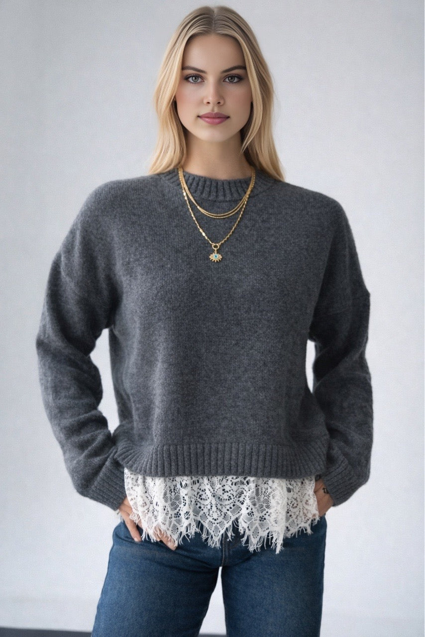 Kadın Bisiklet Yaka Dantel Detaylı Kazak