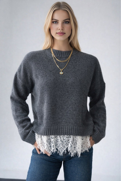 Kadın Bisiklet Yaka Dantel Detaylı Kazak