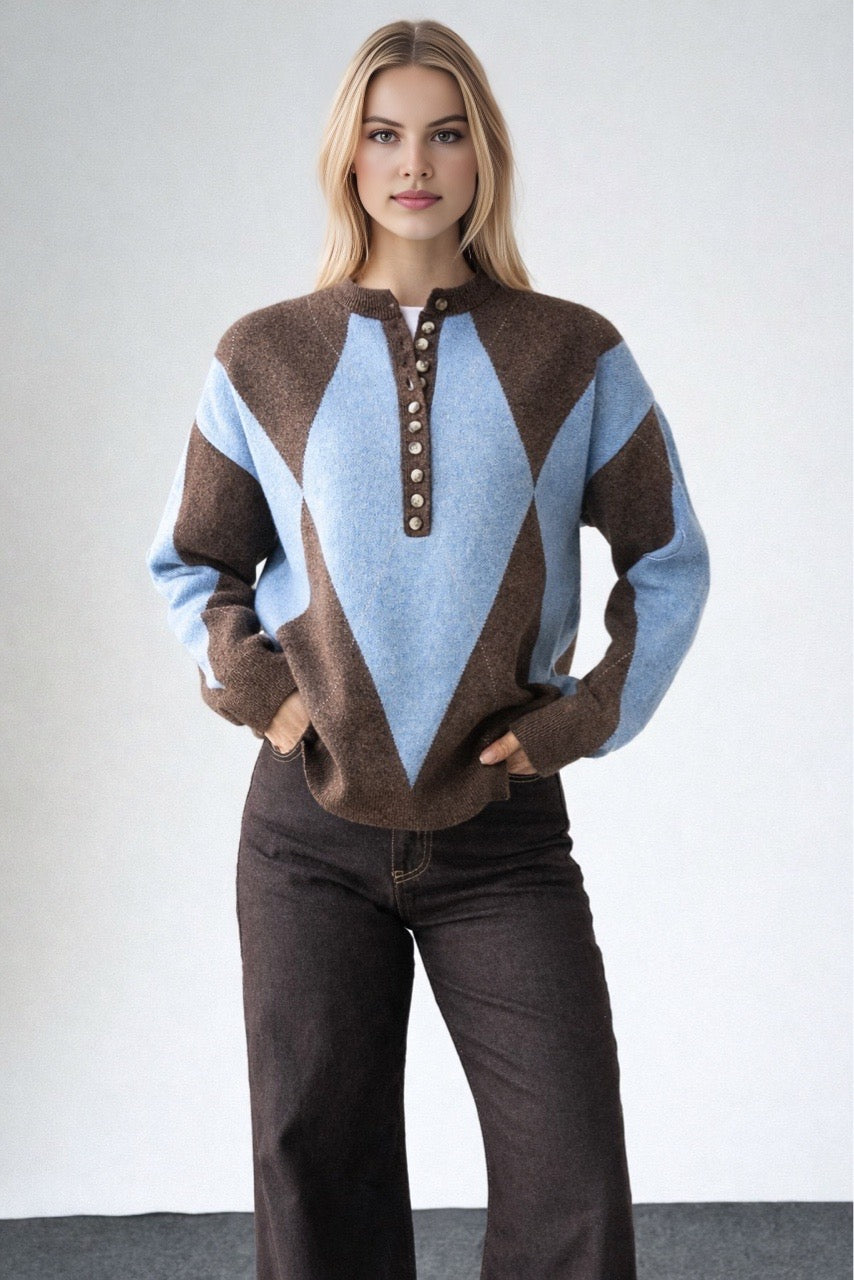 Kadın Bisiklet Yaka Düğme Baklava Desenli Yünlü Kazak