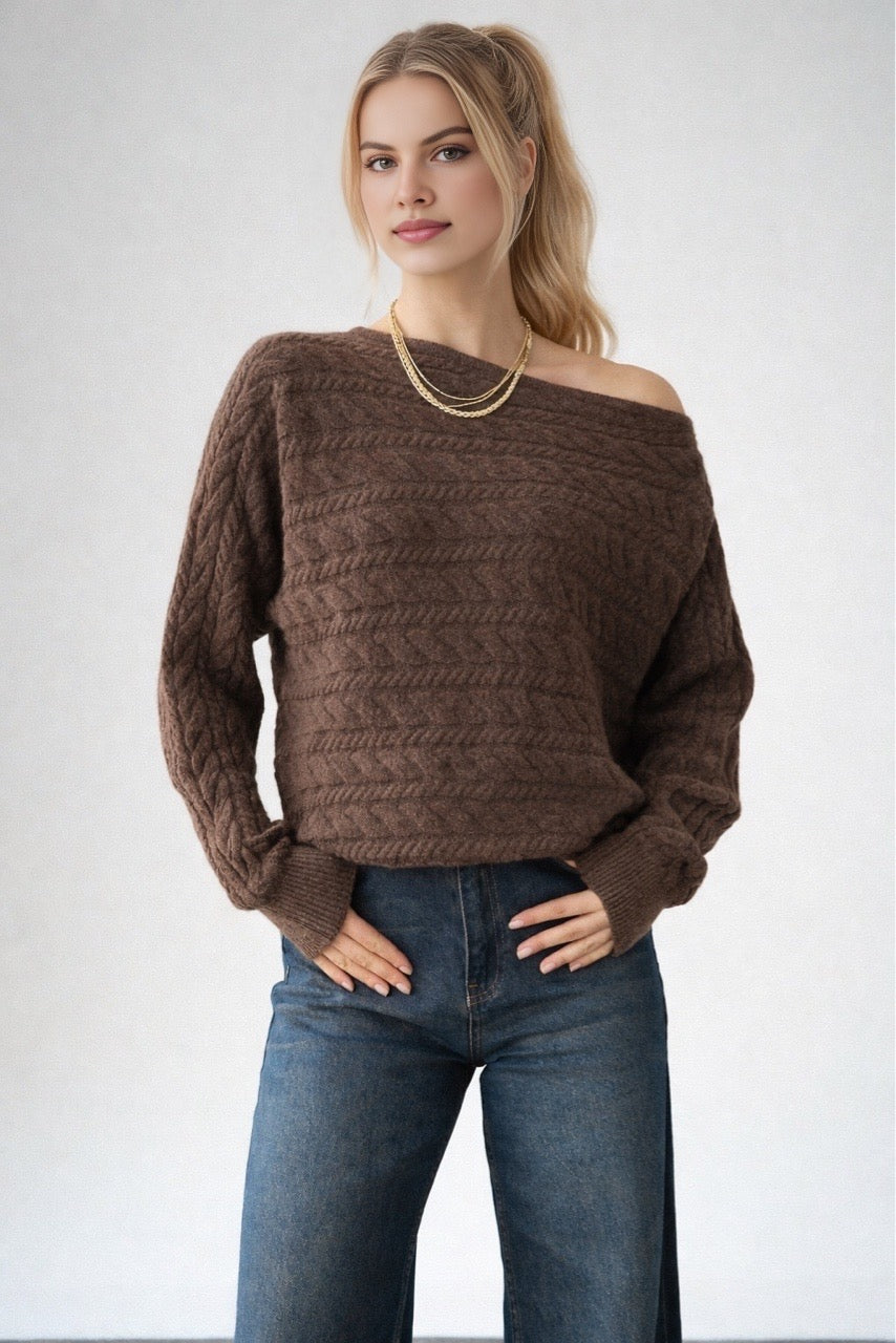 Kadın Asimetrik Yaka Örgü Kazak