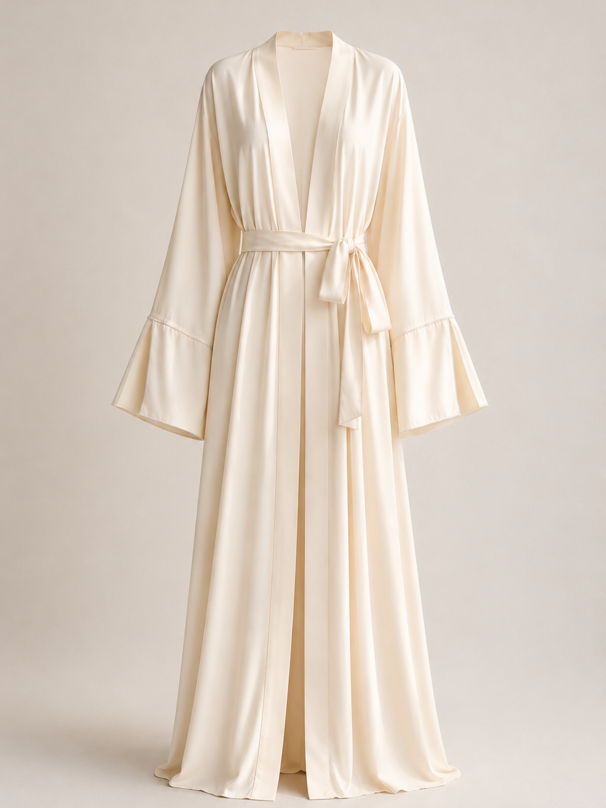 Kadın Krem Taş İşleme Detaylı Kuşaklı Abaya / Kimono