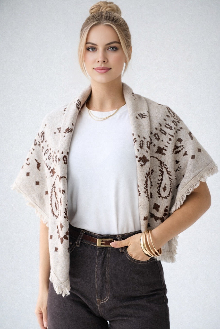 Kadın Püskül Detaylı Şal Desenli Atkı