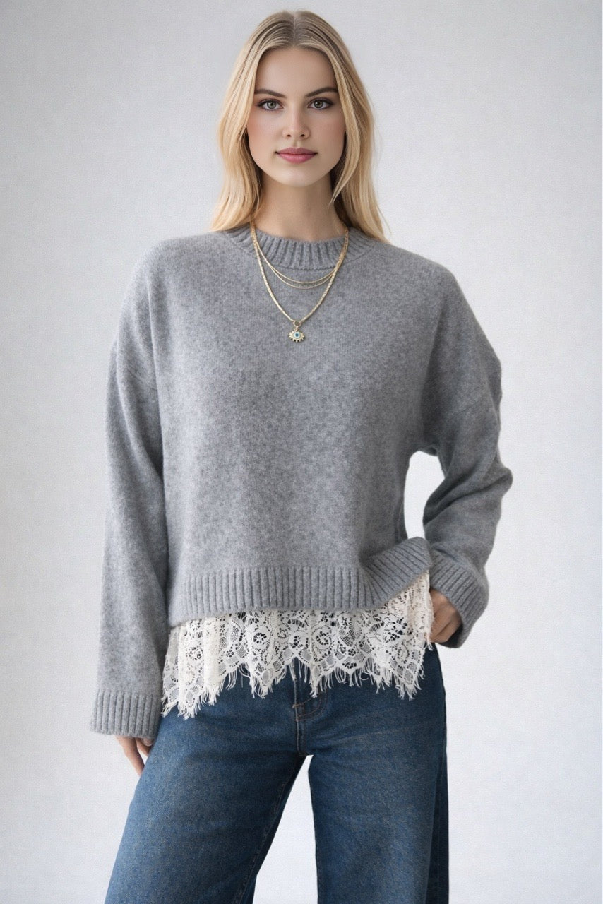 Kadın Bisiklet Yaka Dantel Detaylı Kazak